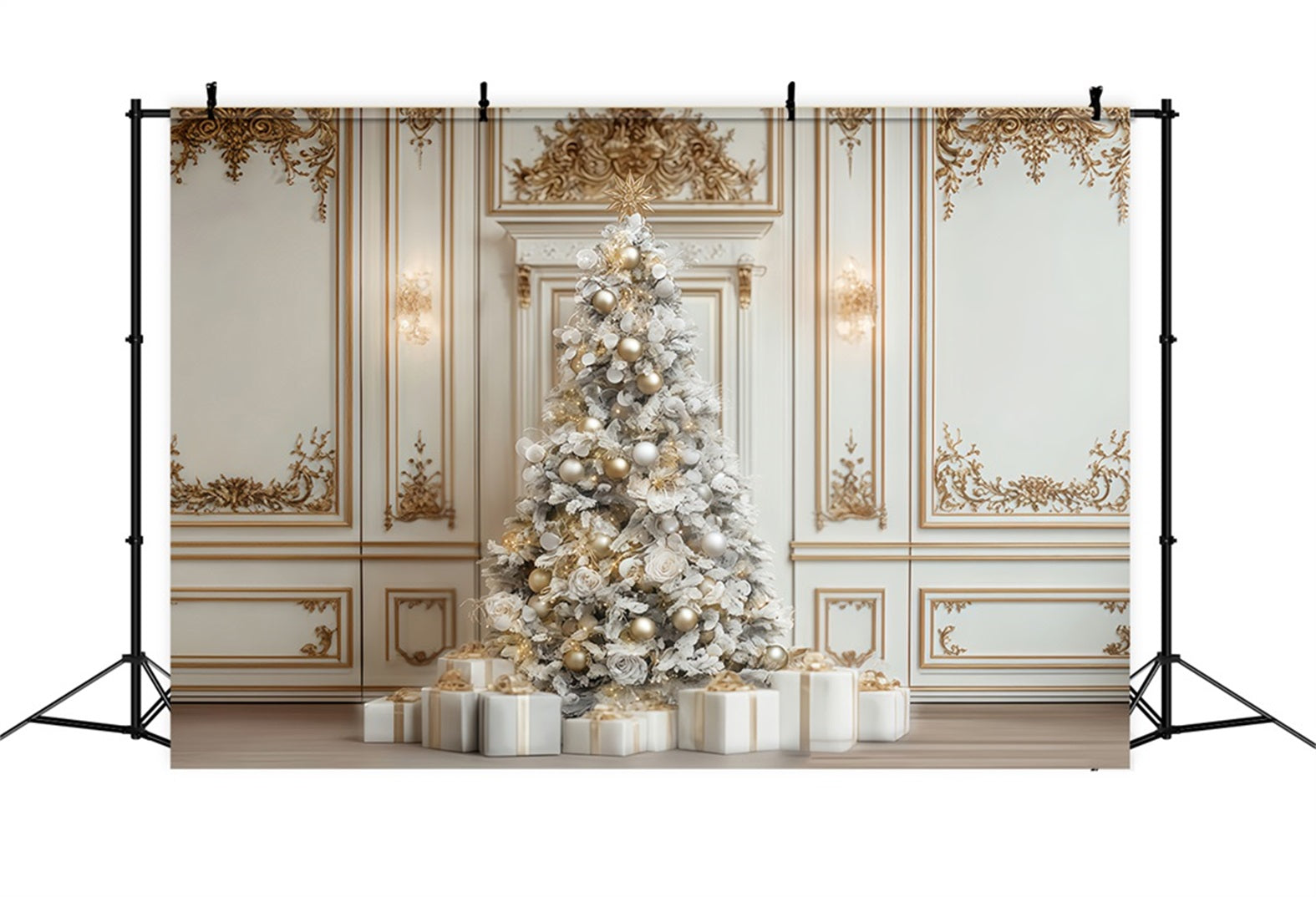 Toile de fond murale de Noël Arbre élégant blanc et or Toile de fond photo de Noël TWW510-66