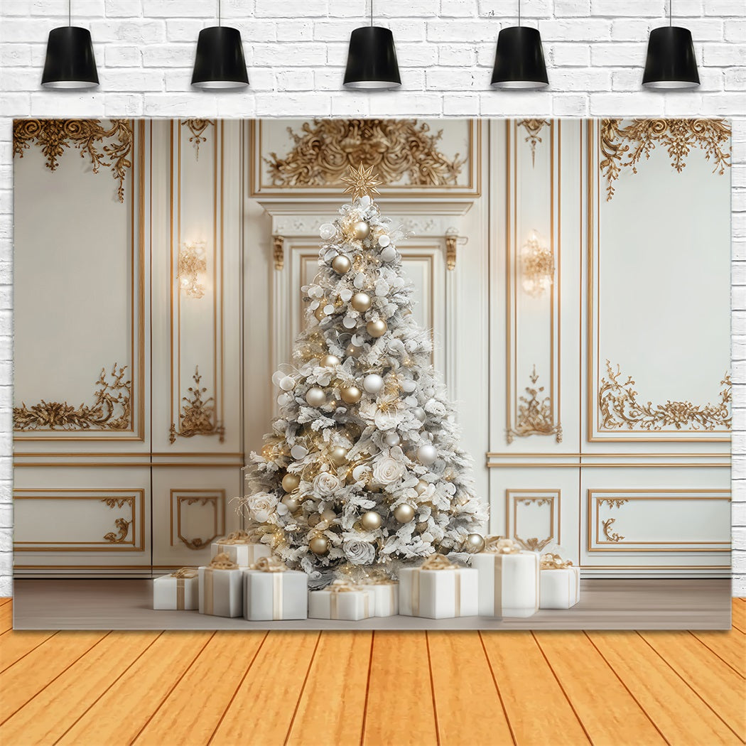 Toile de fond murale de Noël Arbre élégant blanc et or Toile de fond photo de Noël TWW510-66