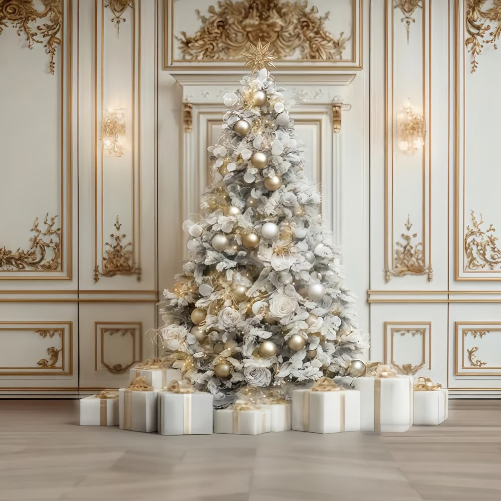 Toile de fond murale de Noël Arbre élégant blanc et or Toile de fond photo de Noël TWW510-66