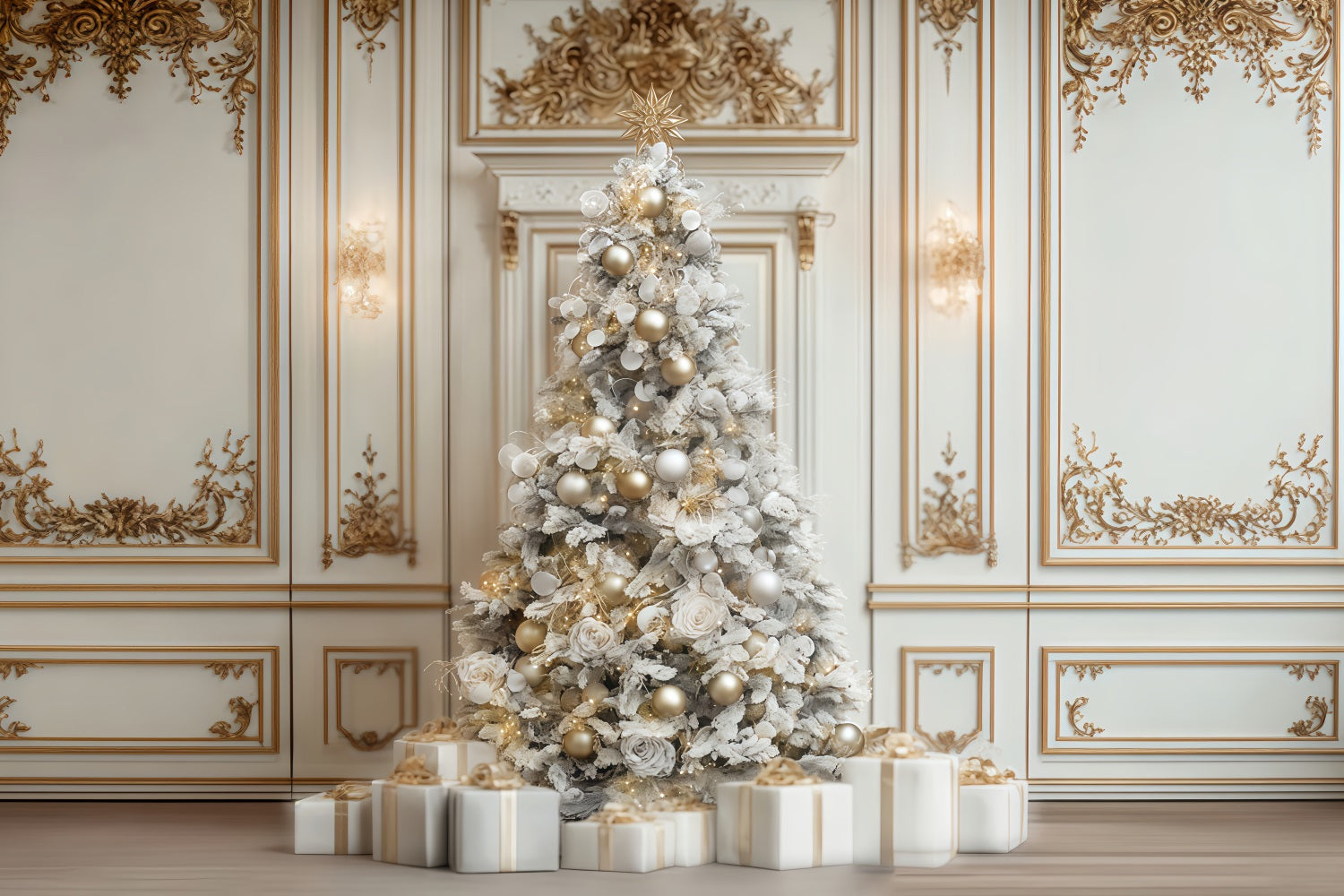 Toile de fond murale de Noël Arbre élégant blanc et or Toile de fond photo de Noël TWW510-66
