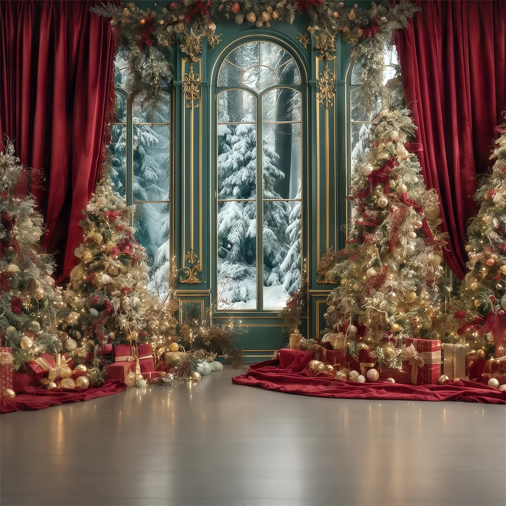 Toile de fond Arbre de Noël Rideau rouge Palais d'hiver Toiles de fond photo de Noël TWW510-67