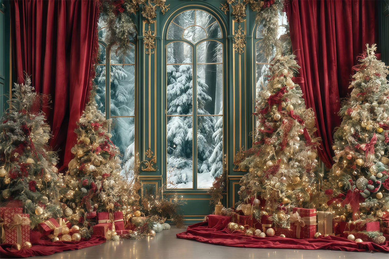 Toile de fond Arbre de Noël Rideau rouge Palais d'hiver Toiles de fond photo de Noël TWW510-67