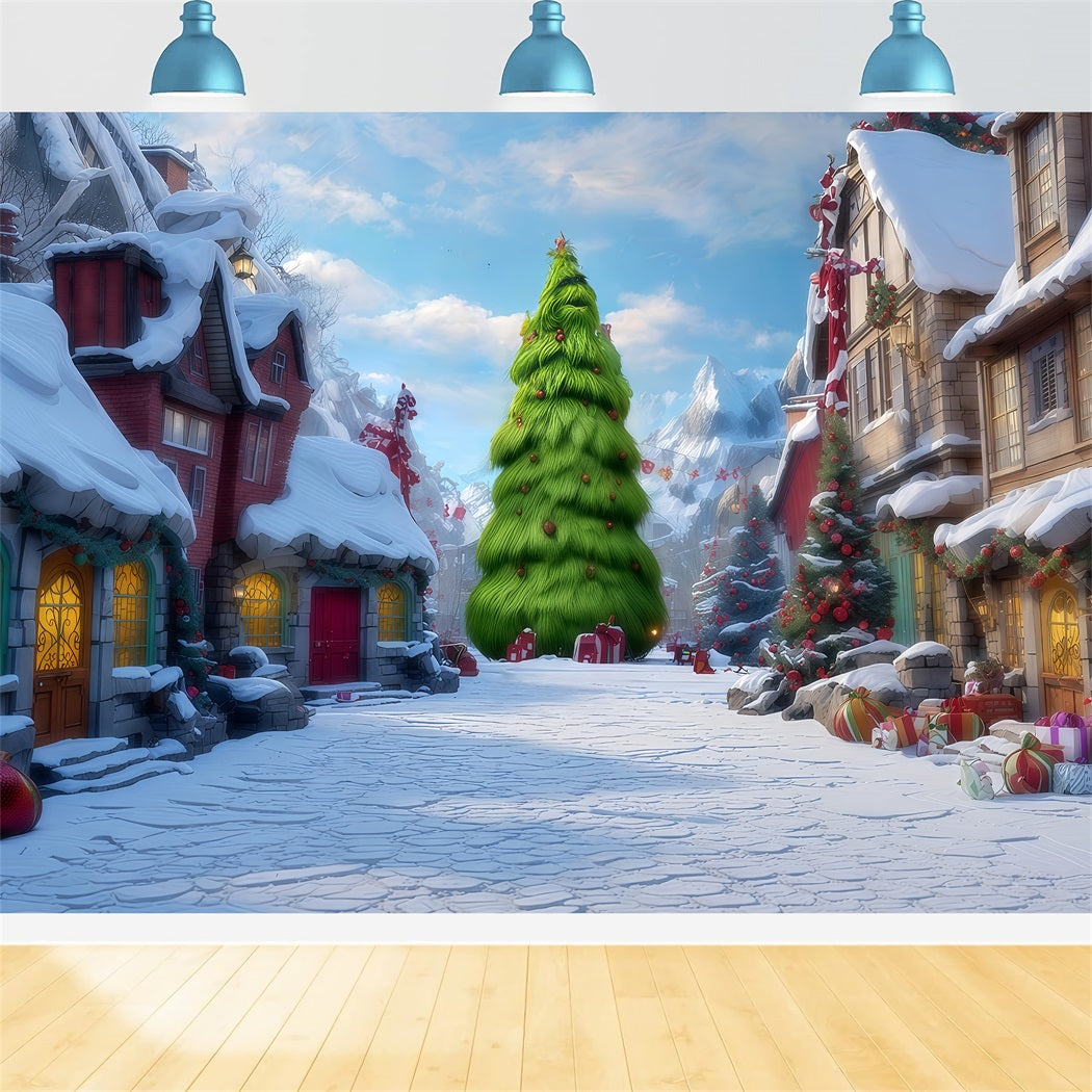 Fonds de scène Grinch Rue enneigée du village de Whoville Fonds de scène de Noël TWW510-73