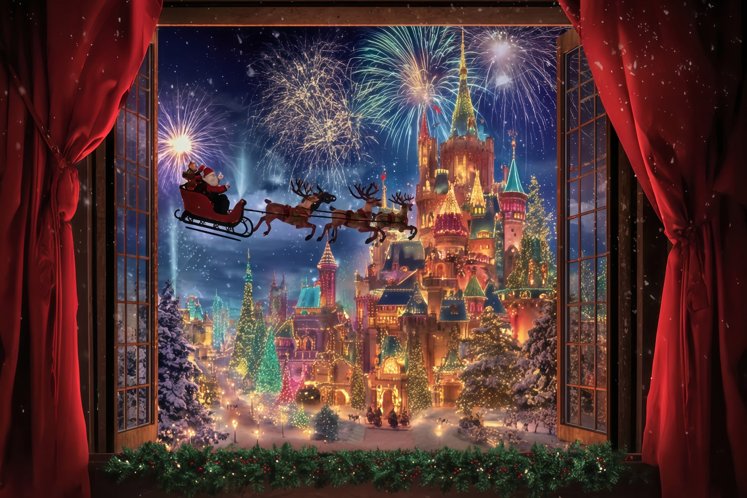 Fond photo du Père Noël Traîneau du Père Noël Feux d'artifice Château Fond de Noël TWW510-78