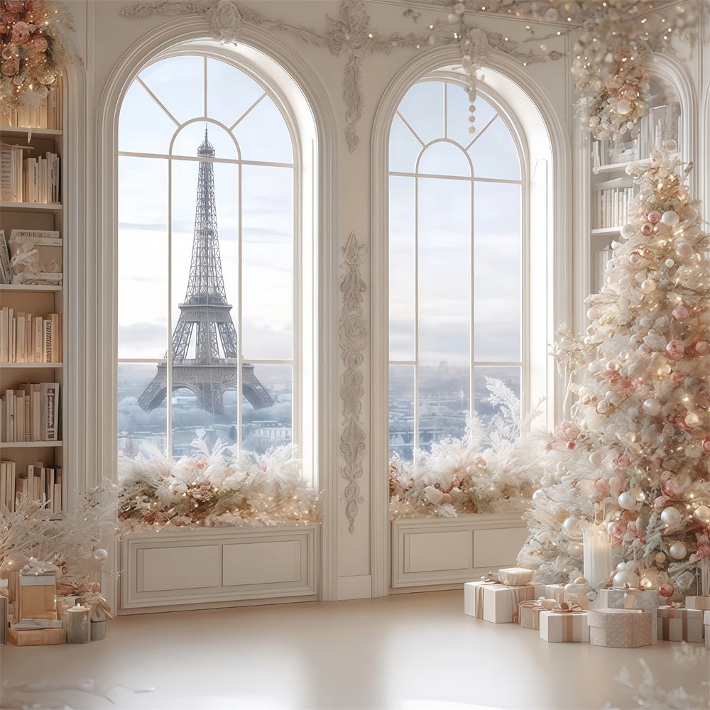 Fond d'arbre de Noël Paris Hiver Bibliothèque élégante Fonds de Noël TWW510-79