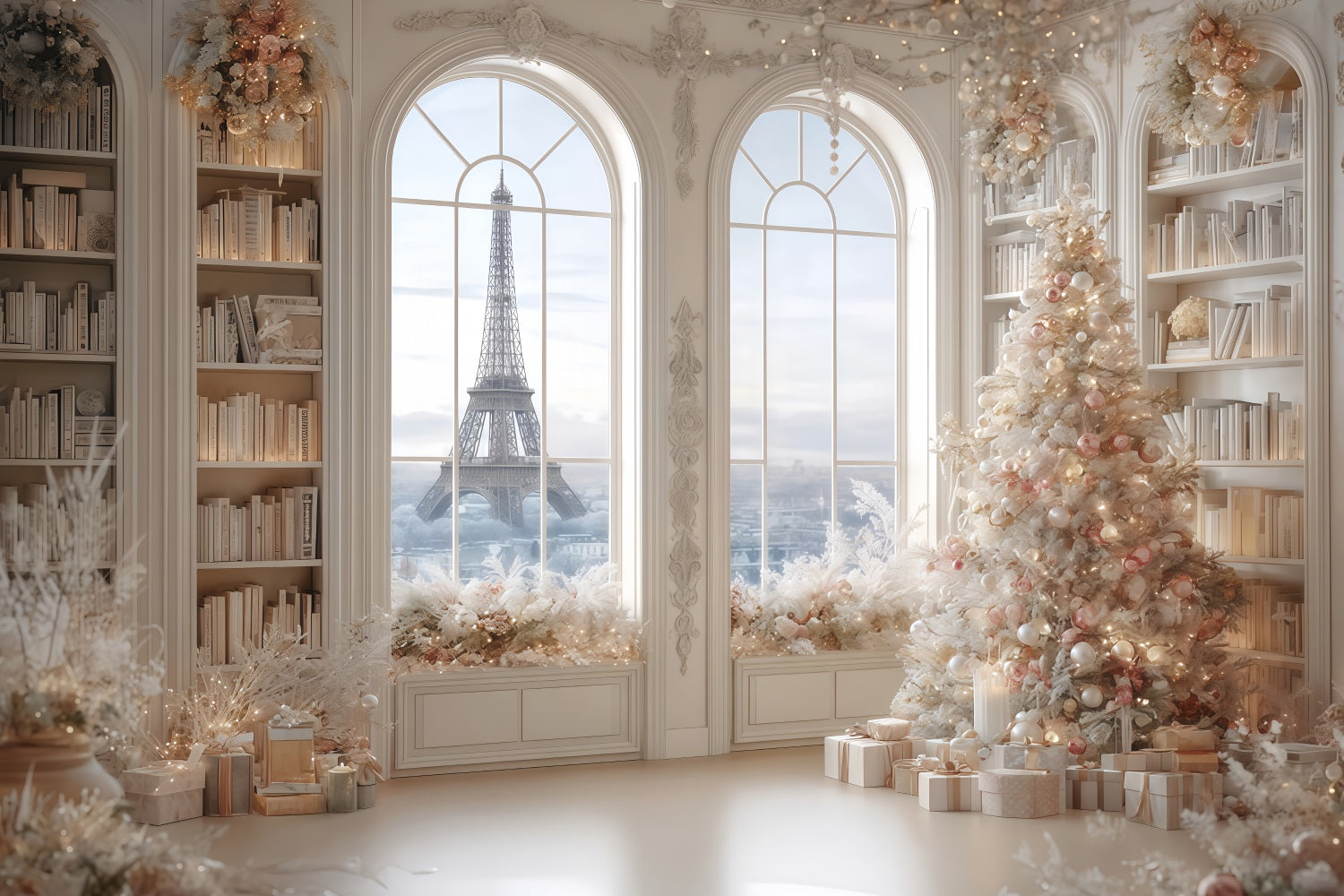 Fond d'arbre de Noël Paris Hiver Bibliothèque élégante Fonds de Noël TWW510-79