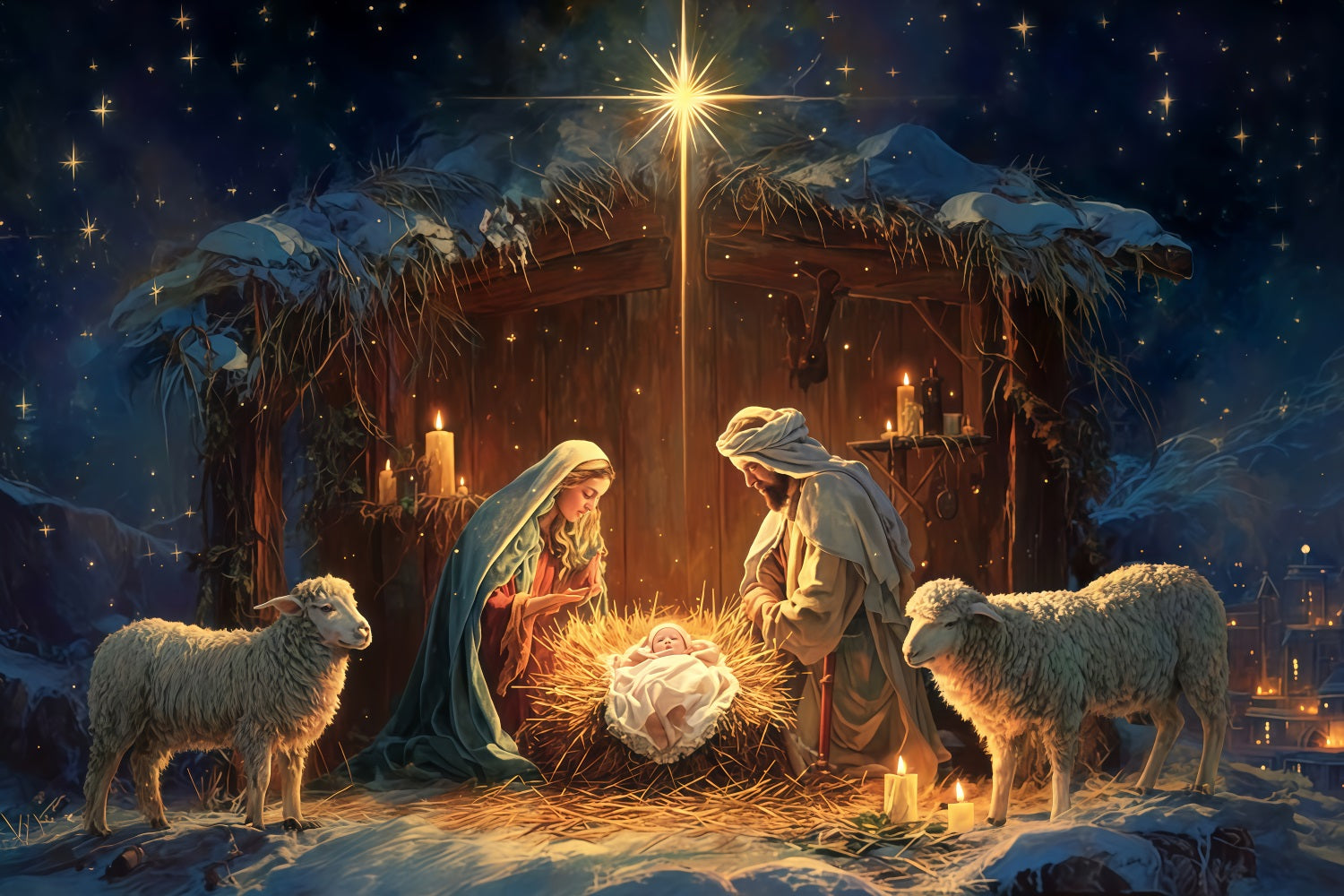 Fond de la Nativité, Sainte Famille, crèche, nuit, fonds de Noël TWW510-81