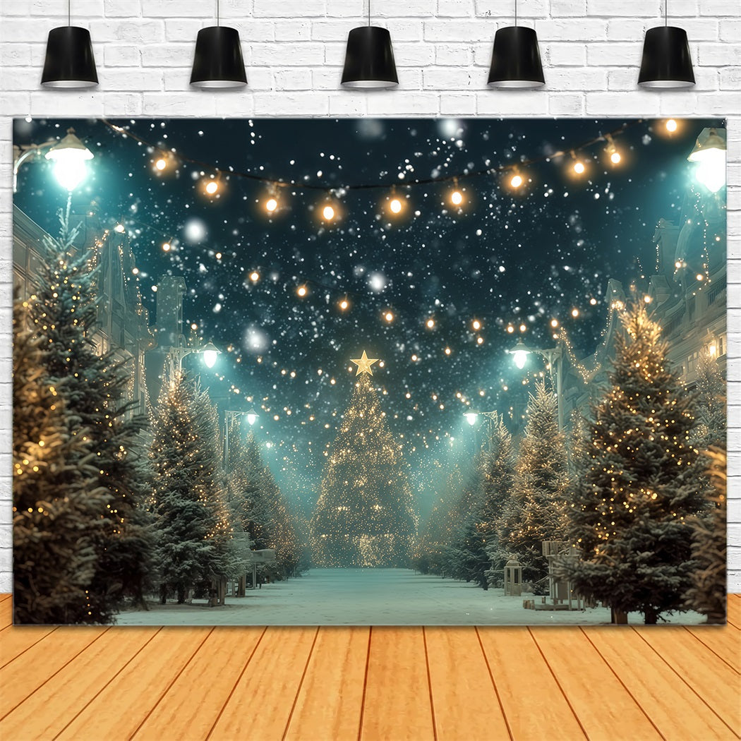 Fond pour sapin de Noël Rue enneigée Lumières dorées Fond photo de Noël TWW510-82