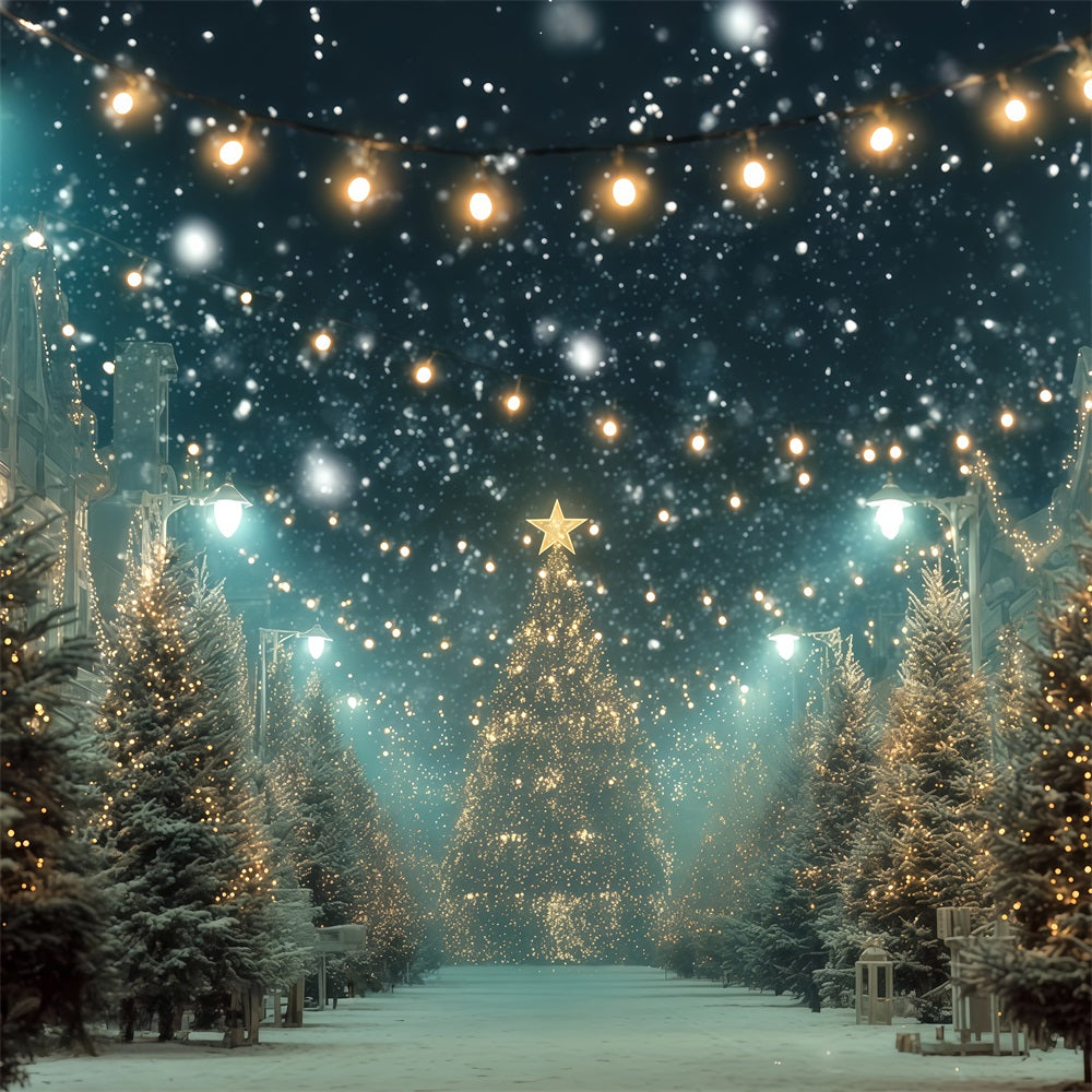 Fond pour sapin de Noël Rue enneigée Lumières dorées Fond photo de Noël TWW510-82