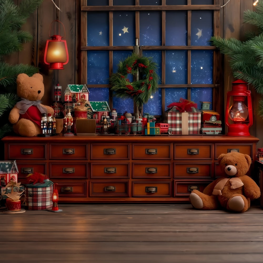Fond de scène Atelier du Père Noël Atelier de jouets confortable Fenêtre Fonds de scène de Noël TWW510-87