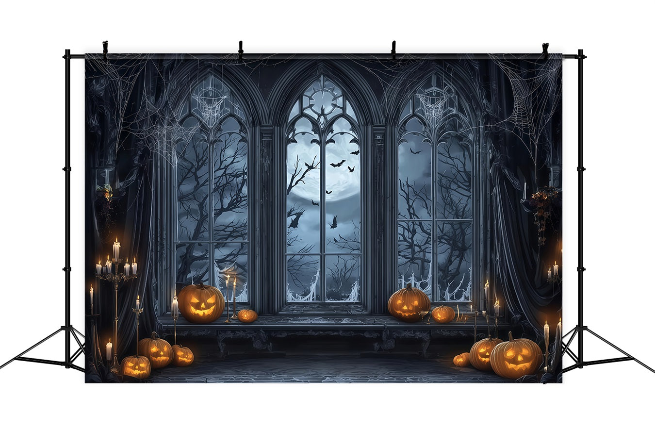 Fond chauve-souris d'Halloween Fenêtre gothique Citrouilles au clair de lune Fond photographique d'Halloween TWW510-9