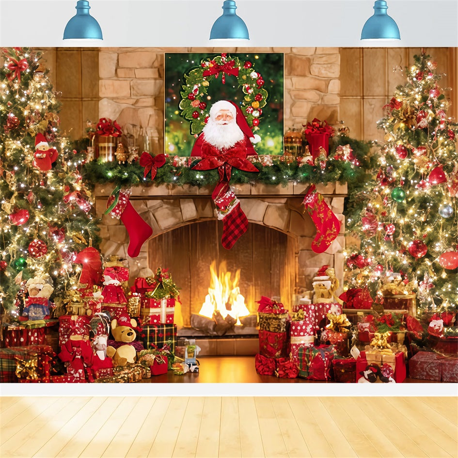 Fond Père Noël Chaussettes de Noël Cheminée Arbre à cadeaux Idées de fonds de Noël TWW510-93