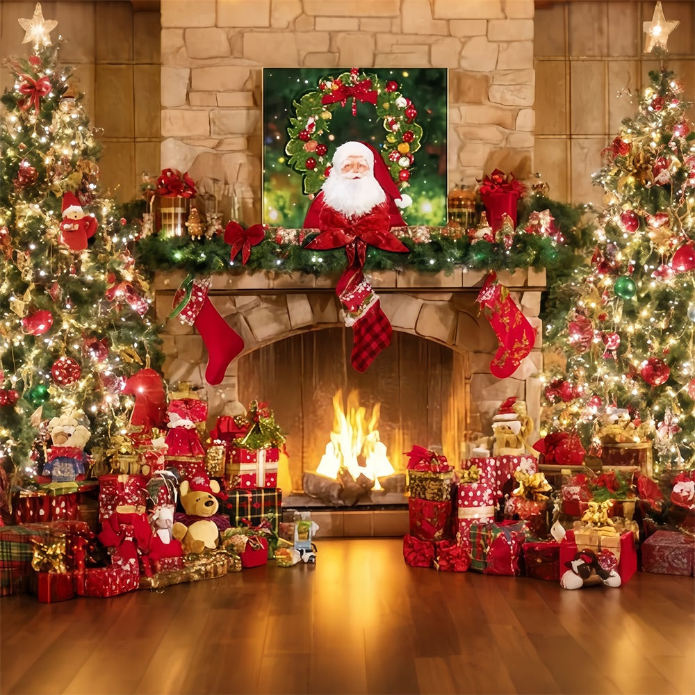 Fond Père Noël Chaussettes de Noël Cheminée Arbre à cadeaux Idées de fonds de Noël TWW510-93