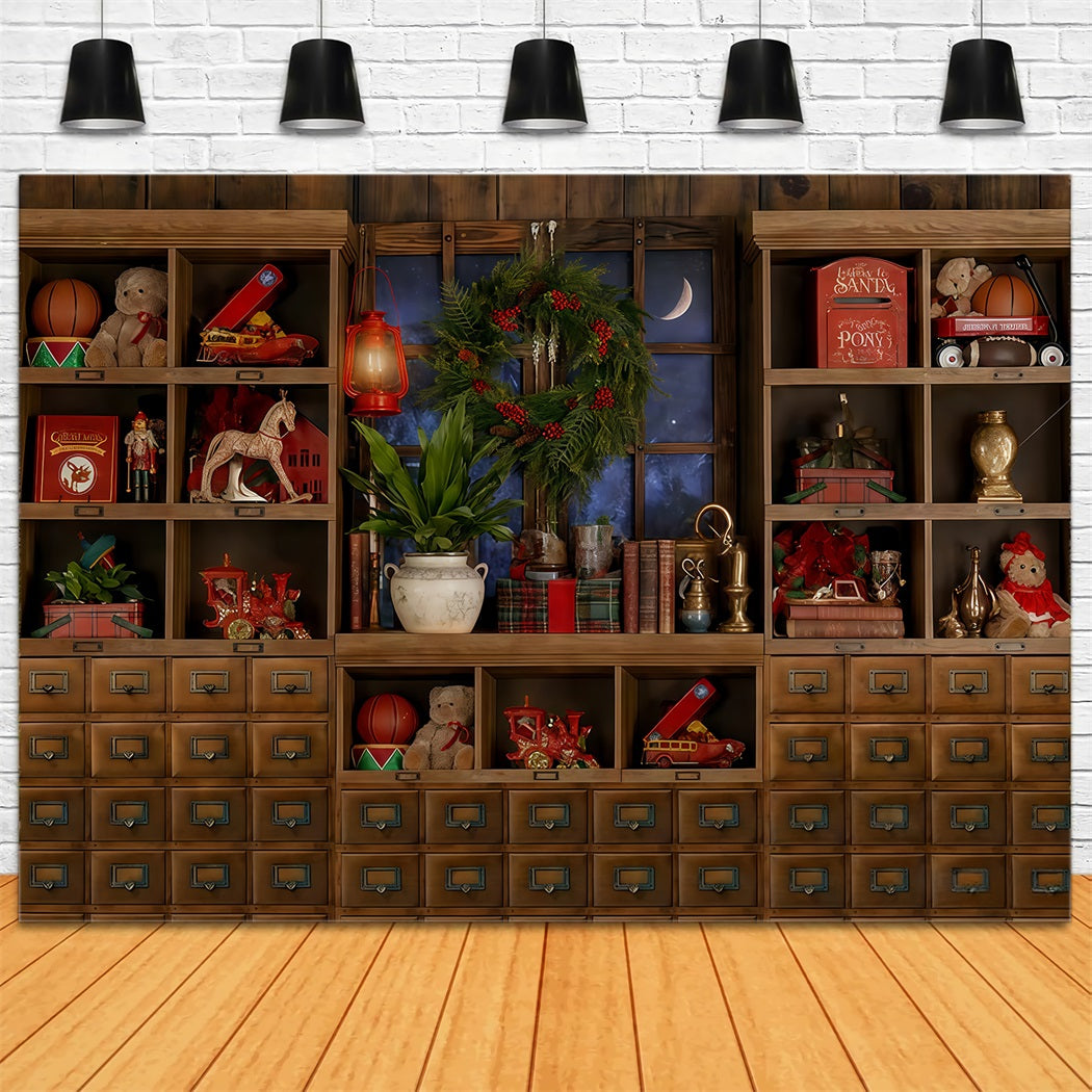 Fond boutique de jouets du Père Noël Étagère à jouets Fenêtre au clair de lune Fond photo de Noël TWW510-98