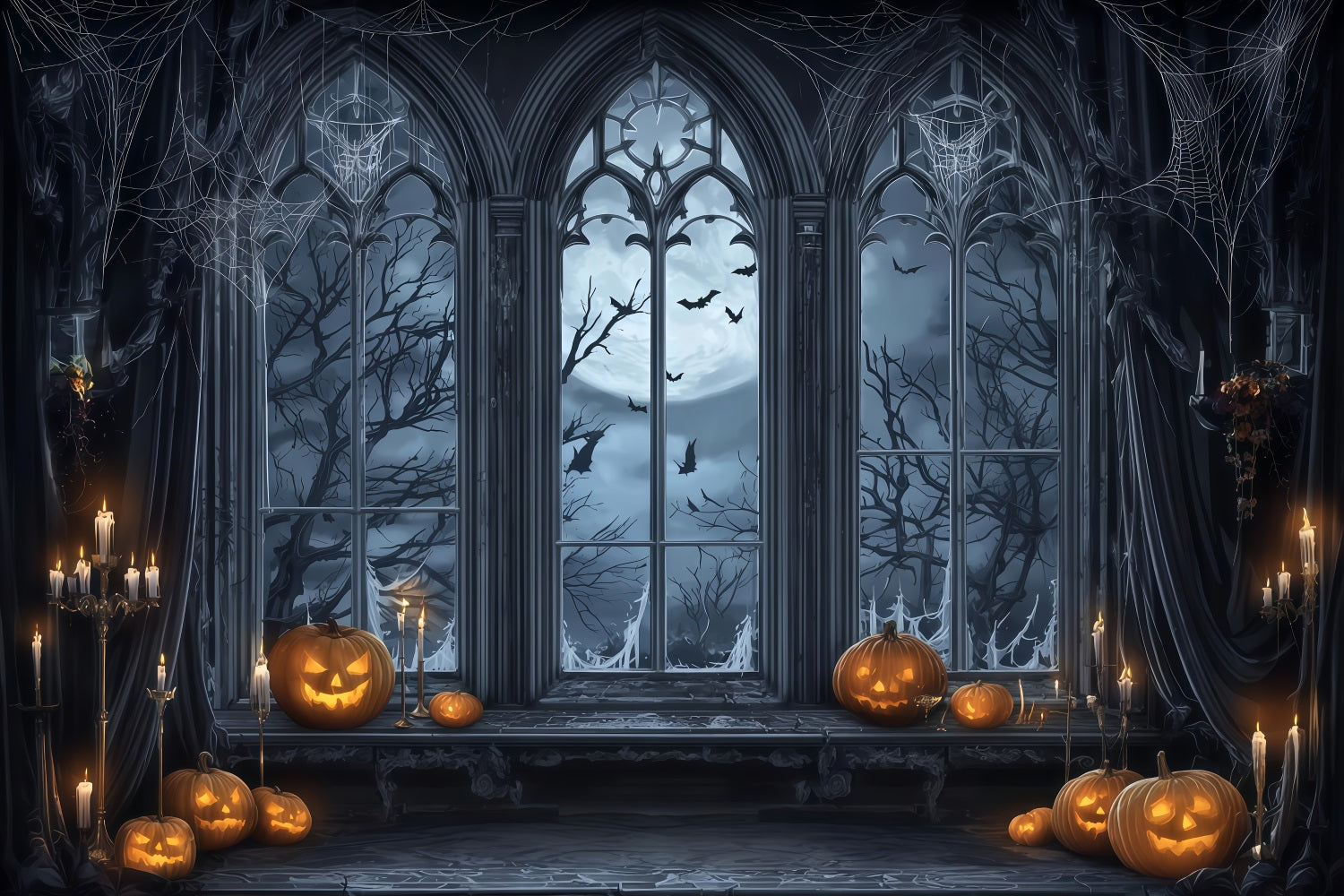 Fond chauve-souris d'Halloween Fenêtre gothique Citrouilles au clair de lune Fond photographique d'Halloween TWW510-9