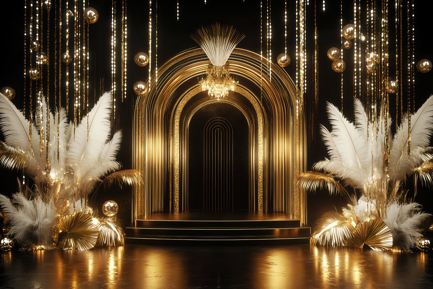 Fond pour le Nouvel An Arche dorée luxueuse Plumes Bannière « Bonne année » TWW512-12