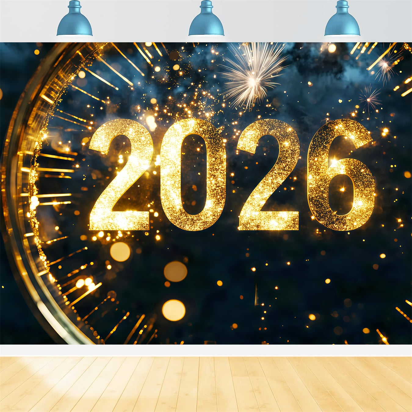 Fond pour le Nouvel An 2026 avec compte à rebours scintillant, étincelles et horloge TWW512-16