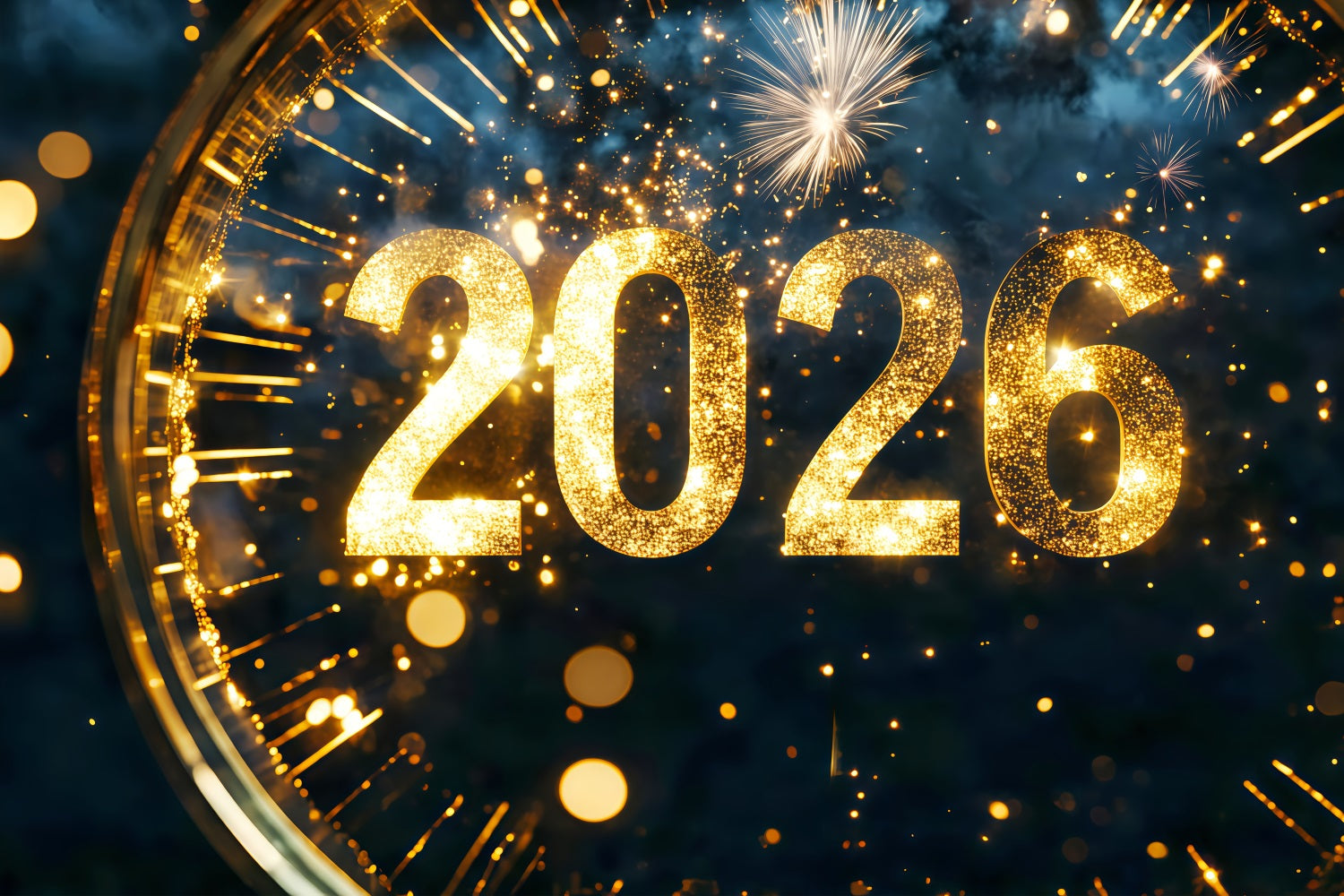 Fond pour le Nouvel An 2026 avec compte à rebours scintillant, étincelles et horloge TWW512-16