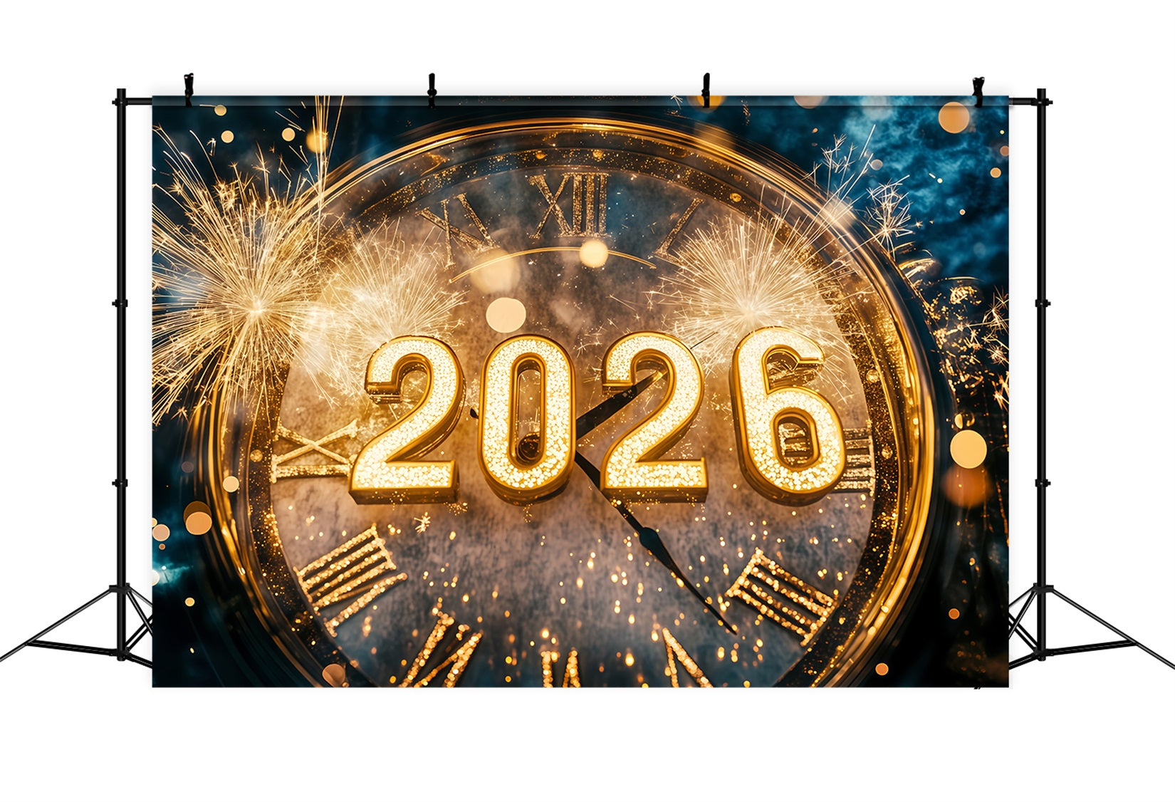 Toile de fond pour le Nouvel An 2026 Feux d'artifice dorés Bokeh Horloge de compte à rebours Toile de fond pour photos TWW512-2