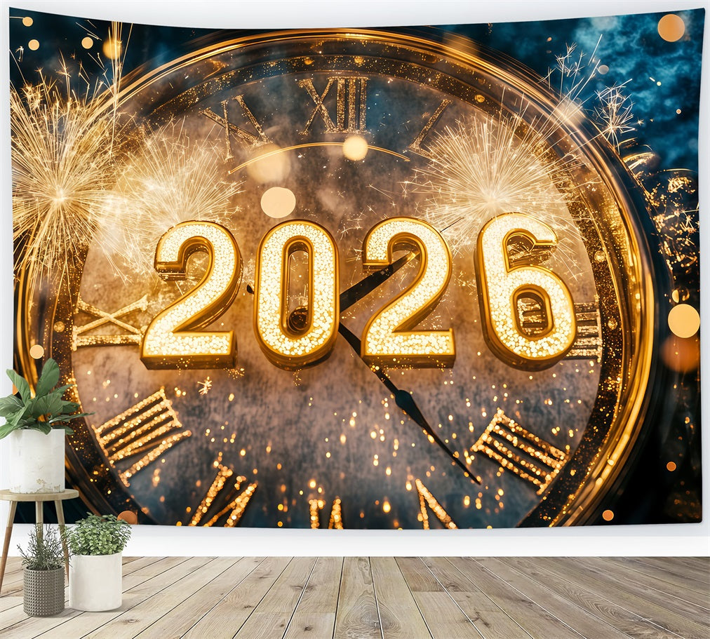 Toile de fond pour le Nouvel An 2026 Feux d'artifice dorés Bokeh Horloge de compte à rebours Toile de fond pour photos TWW512-2