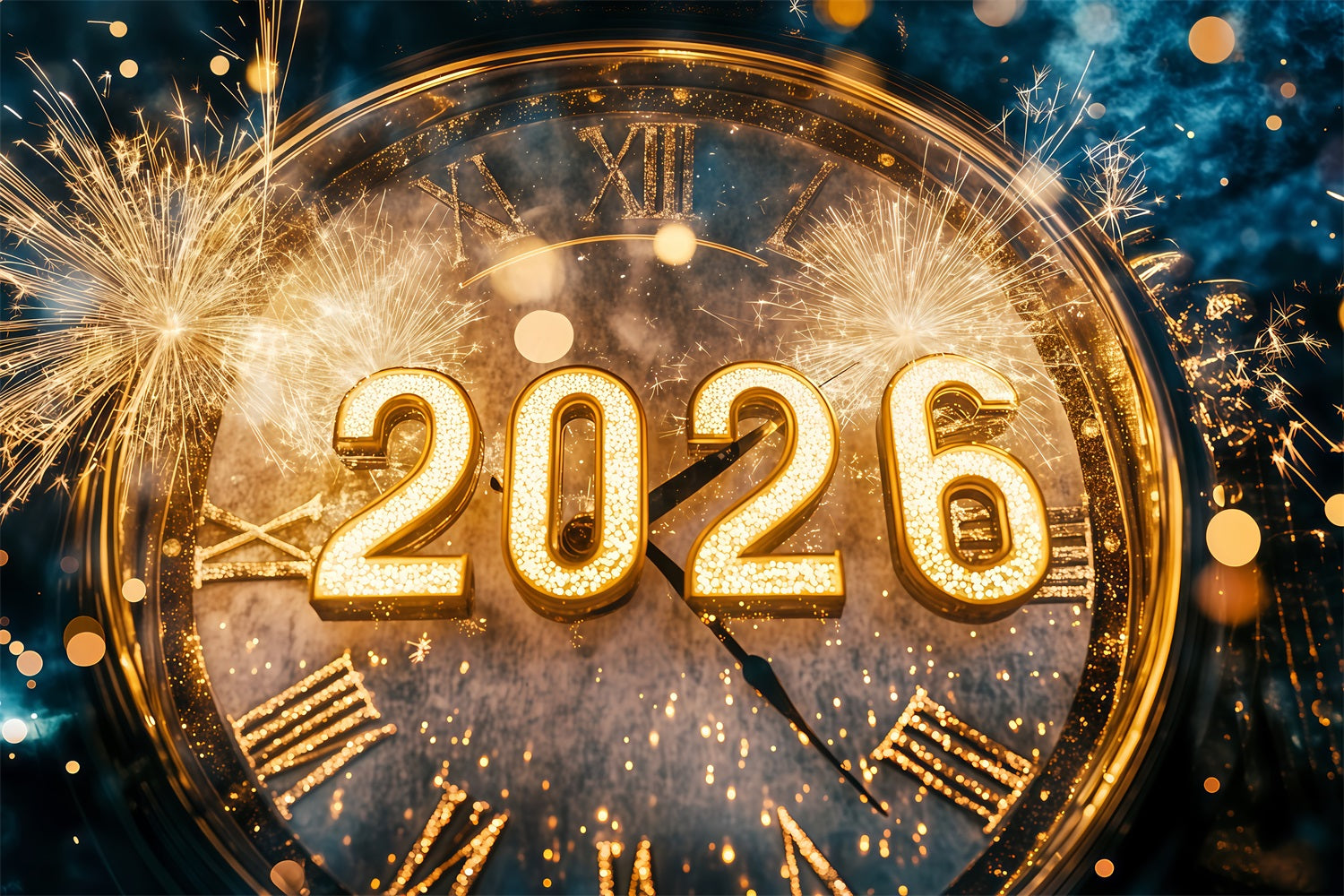 Toile de fond pour le Nouvel An 2026 Feux d'artifice dorés Bokeh Horloge de compte à rebours Toile de fond pour photos TWW512-2