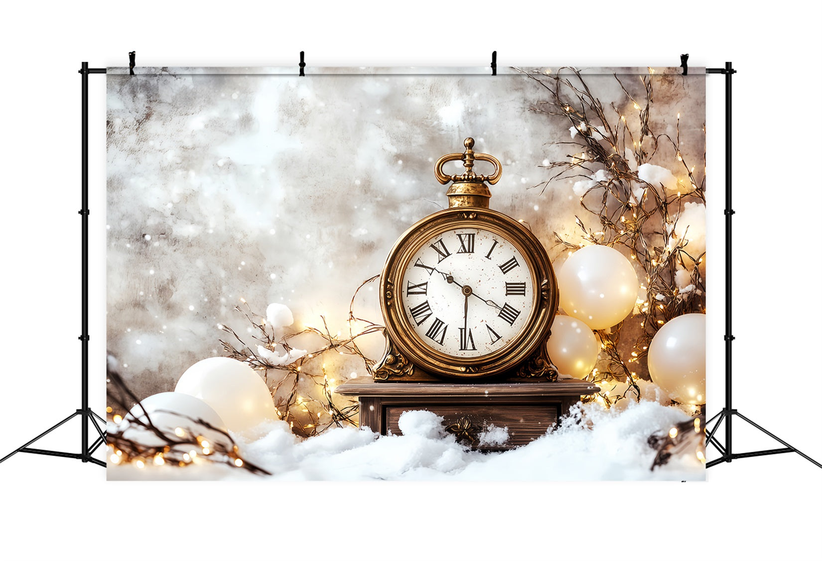Fond pour le Nouvel An Compte à rebours enneigé Fond photo avec horloge dorée scintillante TWW512-21