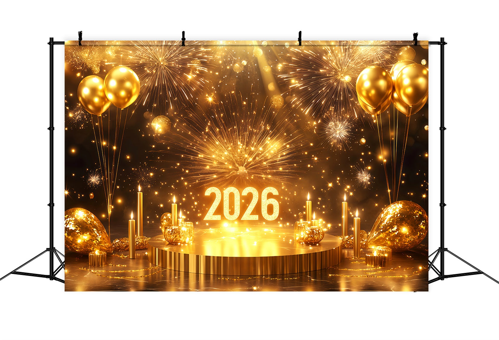 Toile de fond pour le Nouvel An 2026 Ballons de scène Feux d'artifice étincelants Toile de fond pailletée dorée TWW512-23