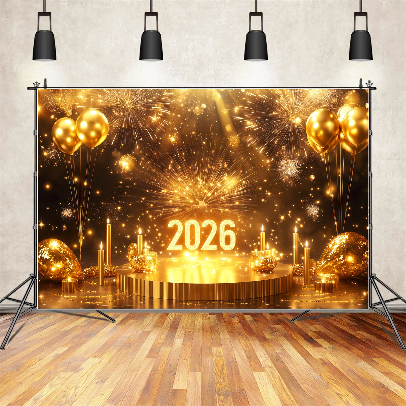 Toile de fond pour le Nouvel An 2026 Ballons de scène Feux d'artifice étincelants Toile de fond pailletée dorée TWW512-23