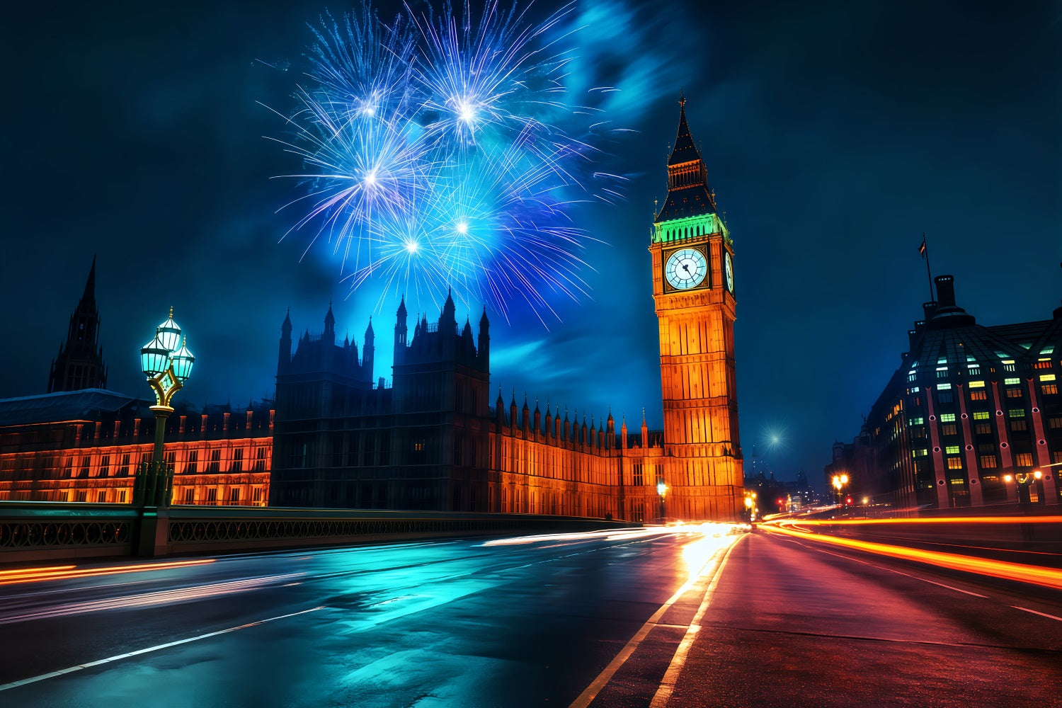 Toile de fond pour le Nouvel An Skyline de Londres Feux d'artifice de minuit Paysage urbain Toile de fond photo TWW512-24