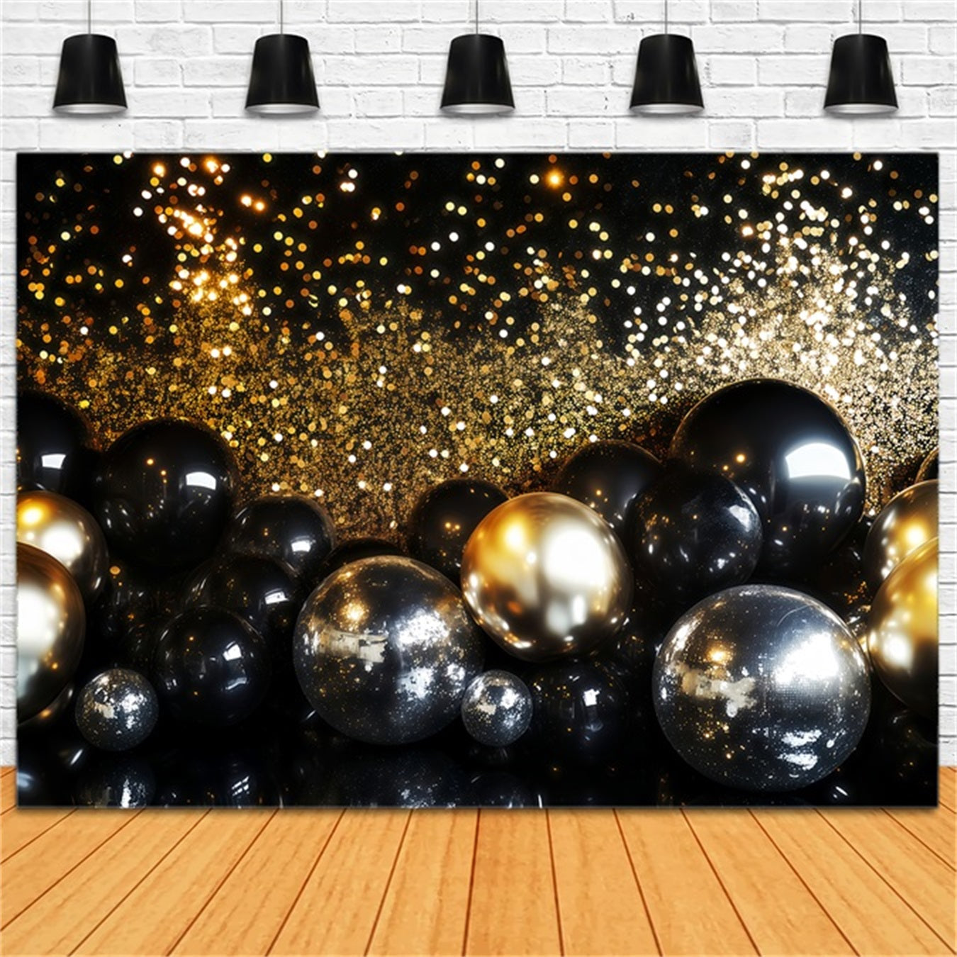 Toile de fond pour le Nouvel An paillettes dorées scintillantes bokeh toile de fond ballons pour le réveillon du Nouvel An TWW512-25