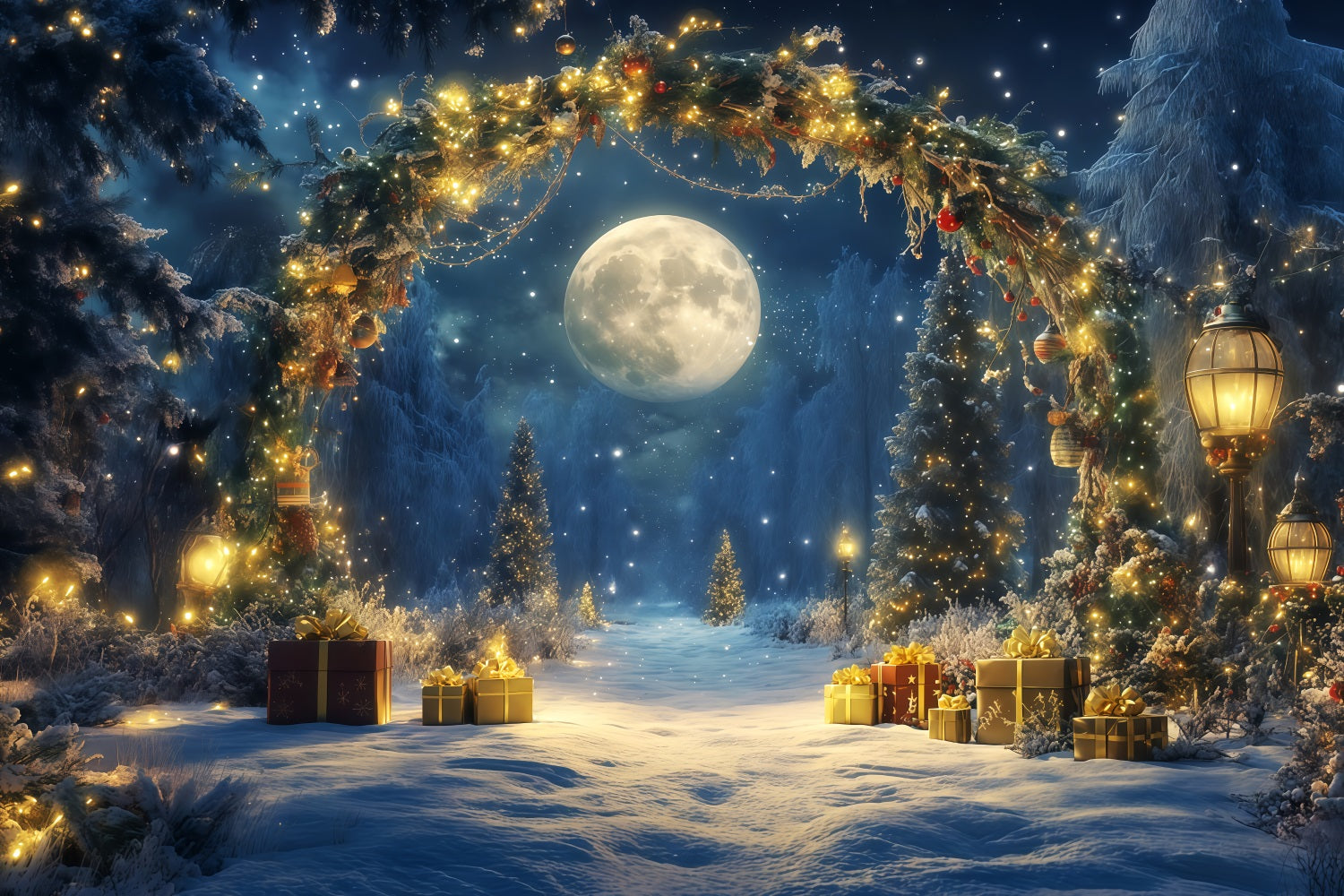 Toiles de fond pour le Nouvel An Forêt enneigée au clair de lune Toile de fond pour le réveillon du Nouvel An TWW512-27