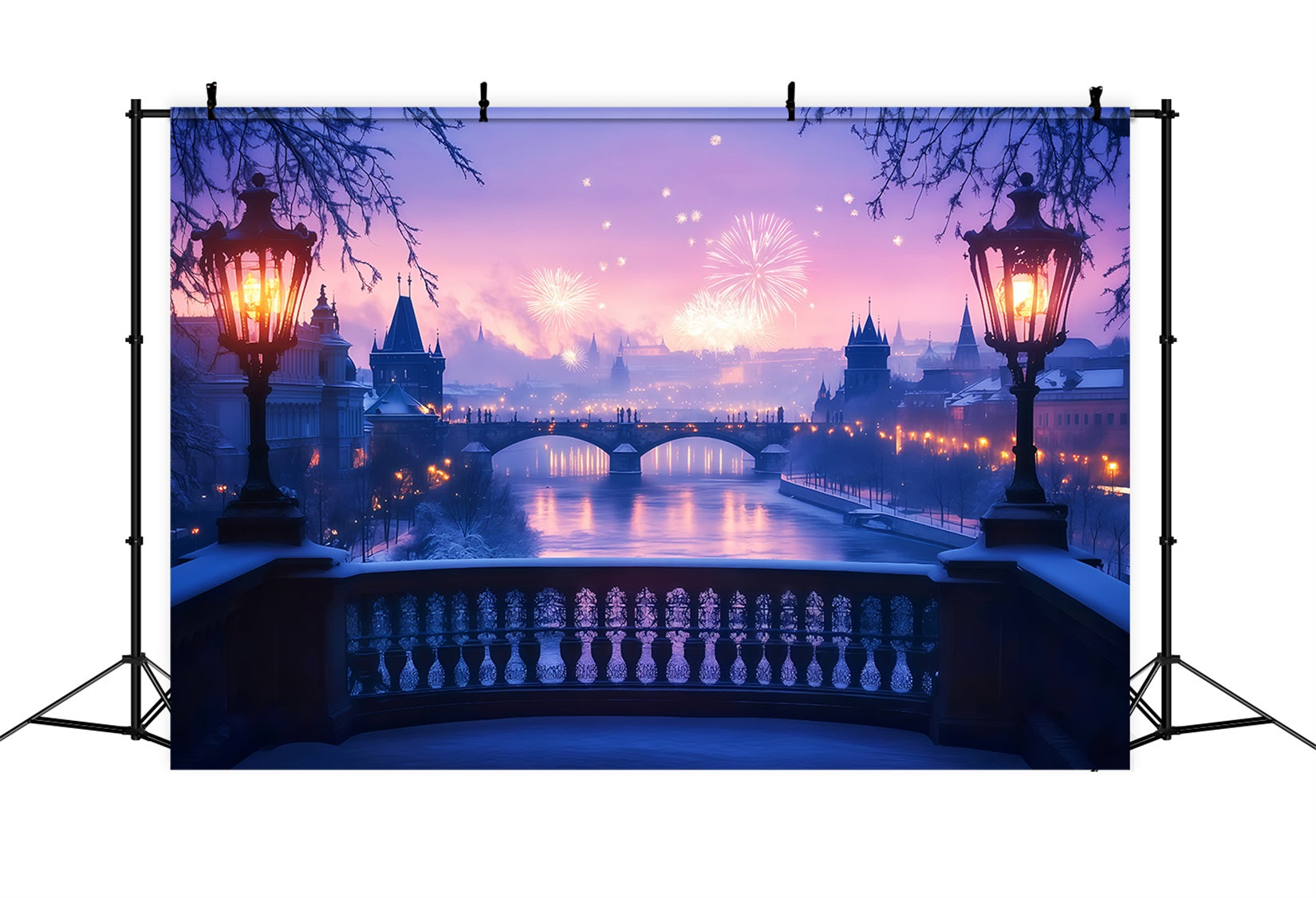 Toile de fond pour photos du Nouvel An Rivière gelée Feux d'artifice Lueur Toile de fond nocturne TWW512-29