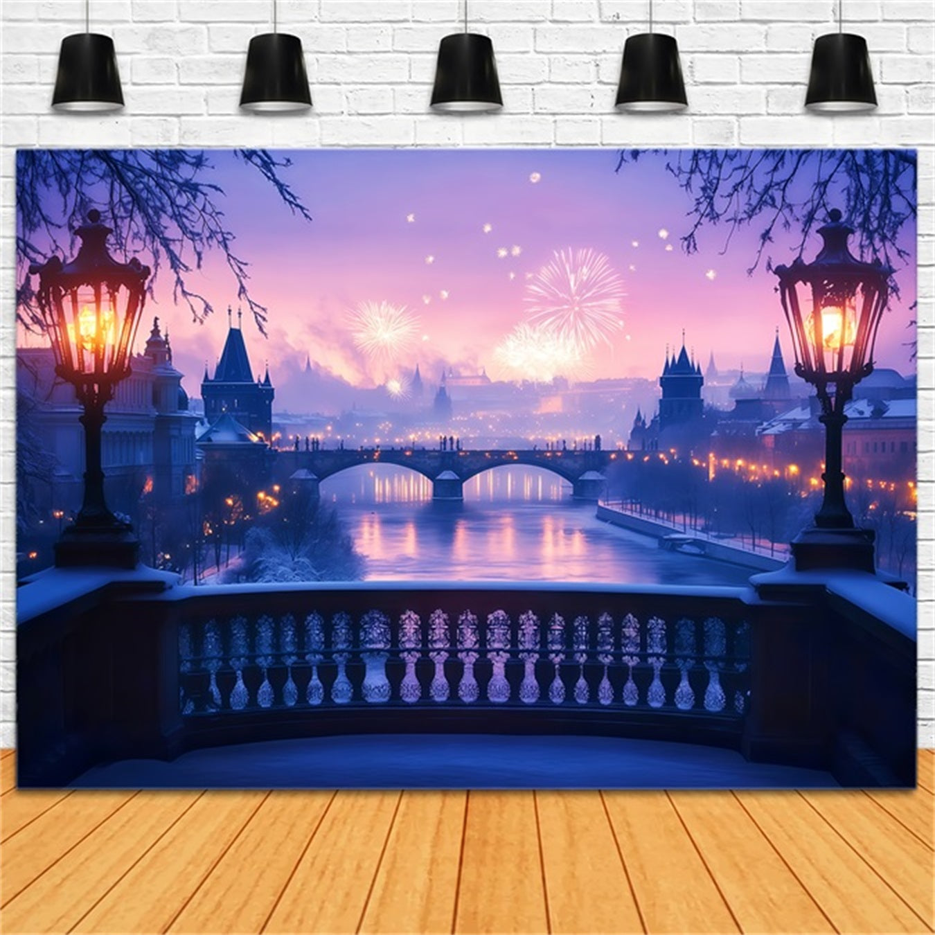 Toile de fond pour photos du Nouvel An Rivière gelée Feux d'artifice Lueur Toile de fond nocturne TWW512-29