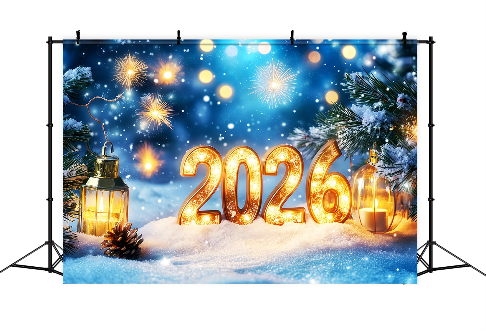 Fond pour le Nouvel An 2026 Pins enneigés Feux d'artifice bokeh Fond pour le réveillon du Nouvel An TWW512-31