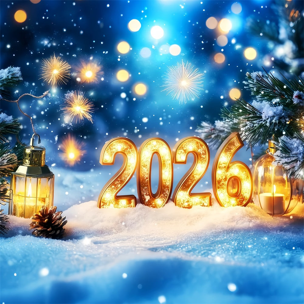 Fond pour le Nouvel An 2026 Pins enneigés Feux d'artifice bokeh Fond pour le réveillon du Nouvel An TWW512-31