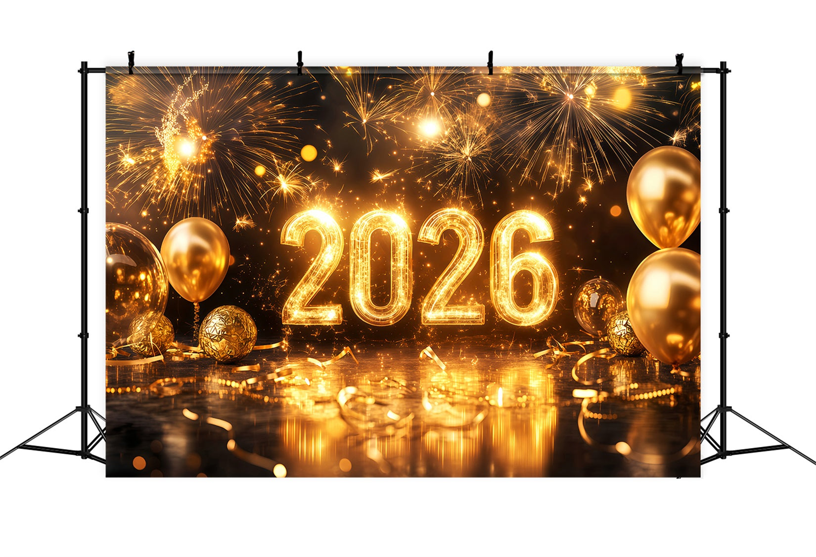 Fond pour le Nouvel An 2026 Ballons dorés scintillants Feux d'artifice Fond TWW512-4