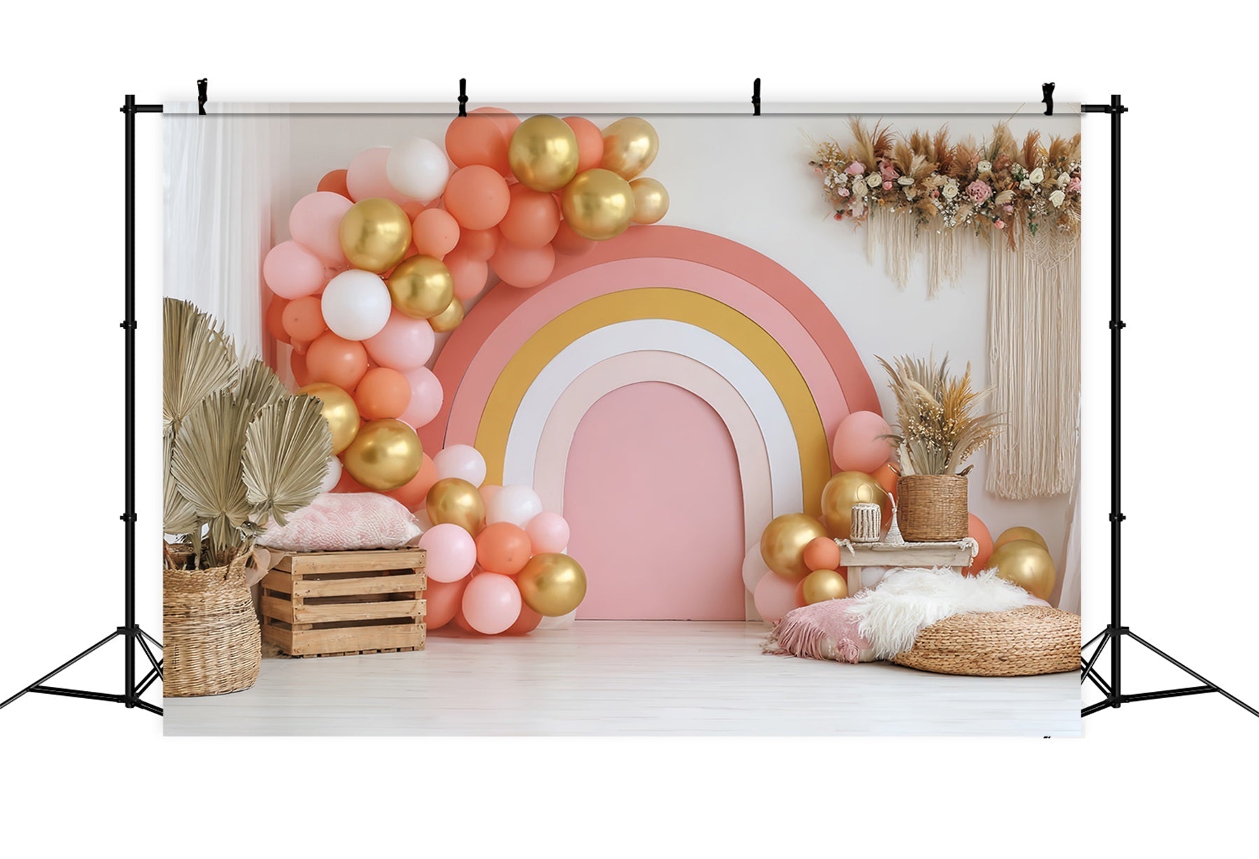 Fonds pour cake smash Décoration avec ballons arc-en-ciel dorés Fonds pour photographie de gâteaux TWW59-211