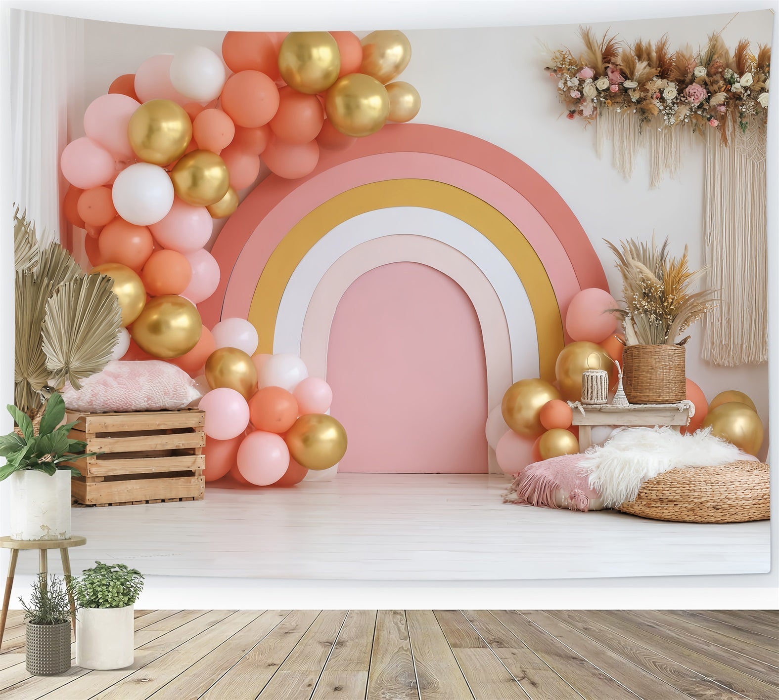 Fonds pour cake smash Décoration avec ballons arc-en-ciel dorés Fonds pour photographie de gâteaux TWW59-211