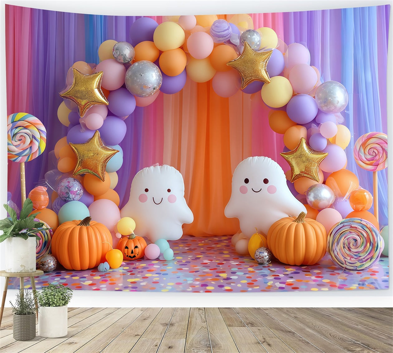 Fonds pour cake smash bonbons colorés fantôme fête joyeux anniversaire TWW59-231