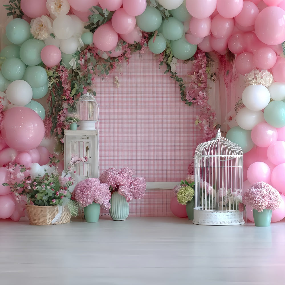 Fond pour cake smash jardin pastel ballons fleuris anniversaire TWW59-232