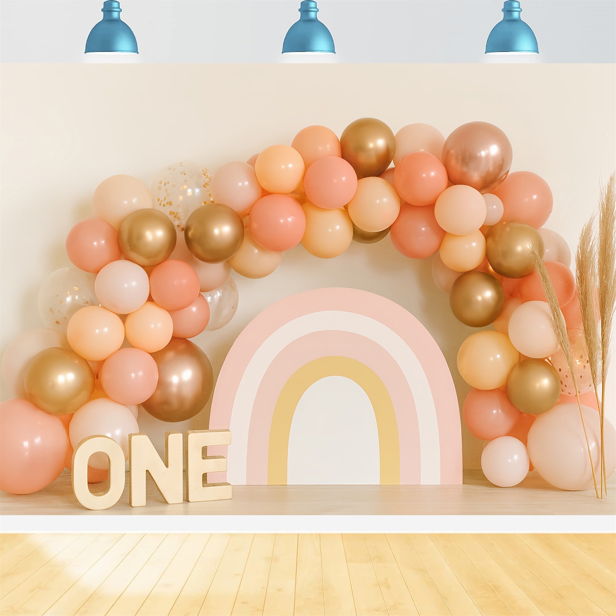 Toile de fond pour gâteaux d'anniversaire Golden Peach Rainbow Arch 1st Birthday Backdrop TWW59-245