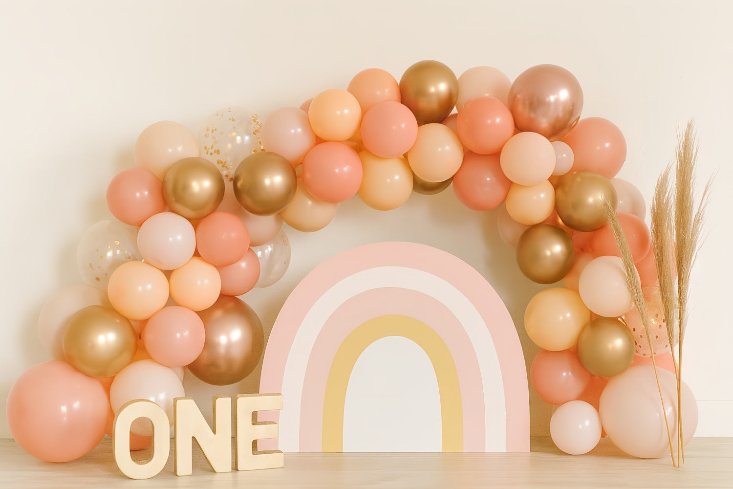 Toile de fond pour gâteaux d'anniversaire Golden Peach Rainbow Arch 1st Birthday Backdrop TWW59-245