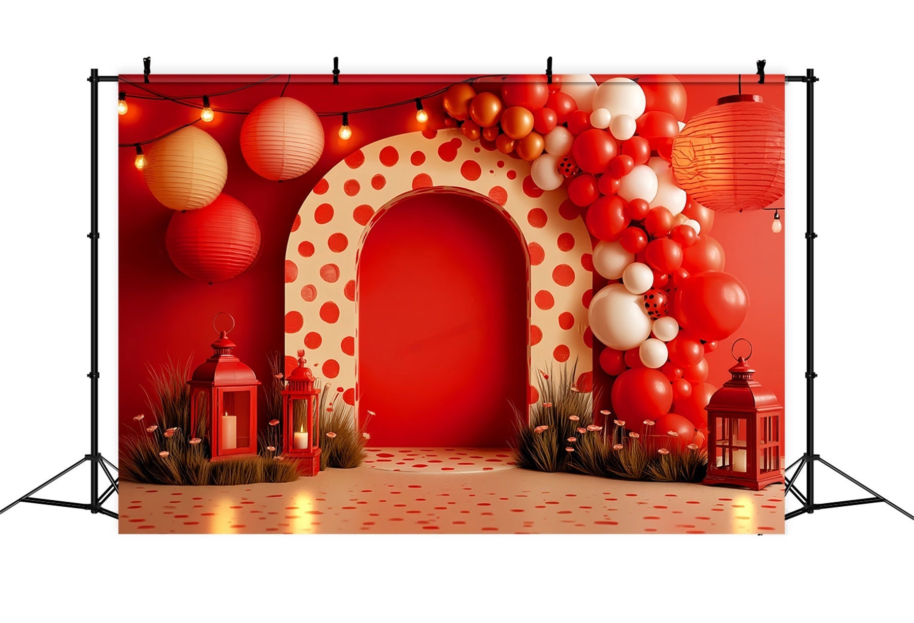 Fond pour cake smash Fond pour photographie de cake smash avec lanternes rouges à pois TWW59-251