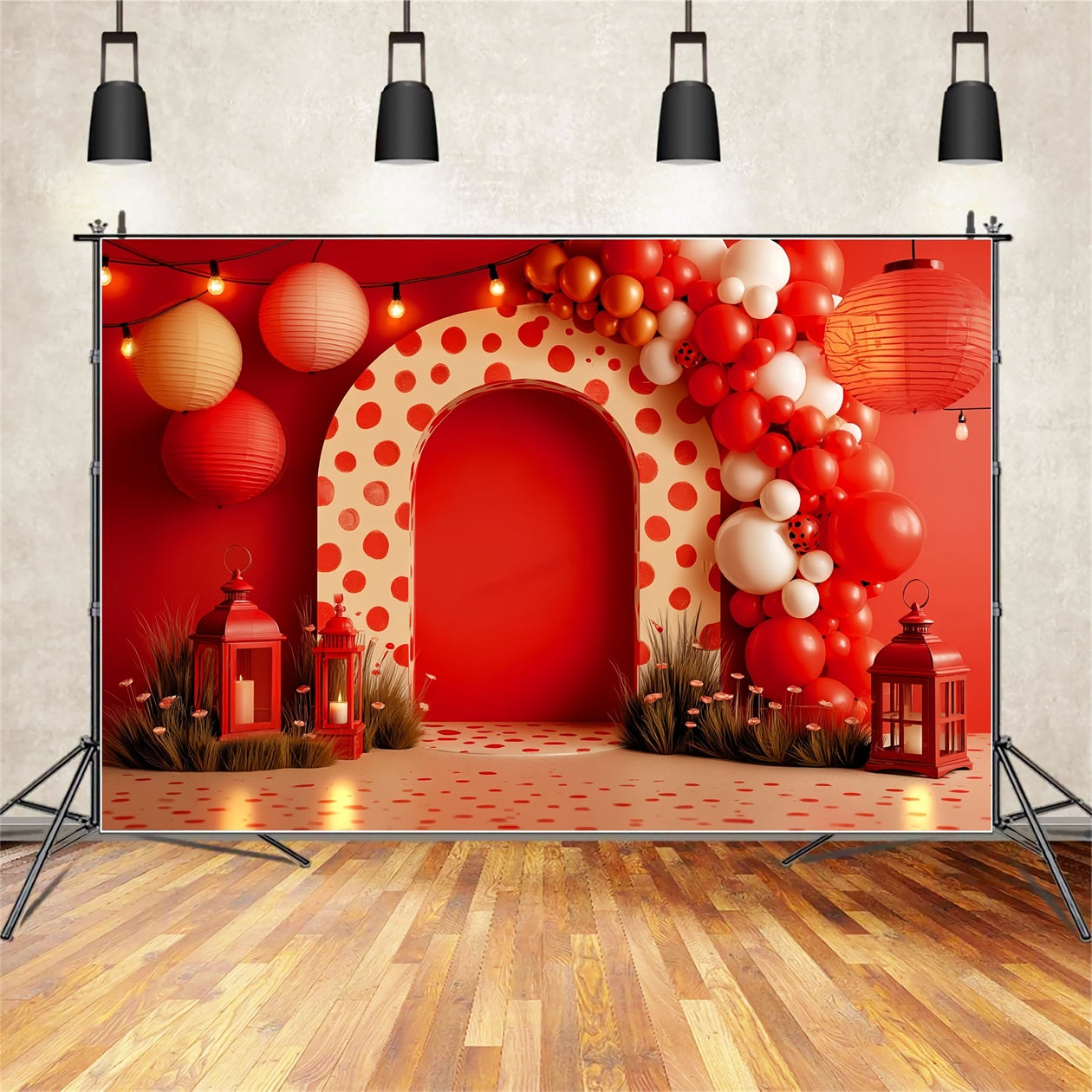 Fond pour cake smash Fond pour photographie de cake smash avec lanternes rouges à pois TWW59-251