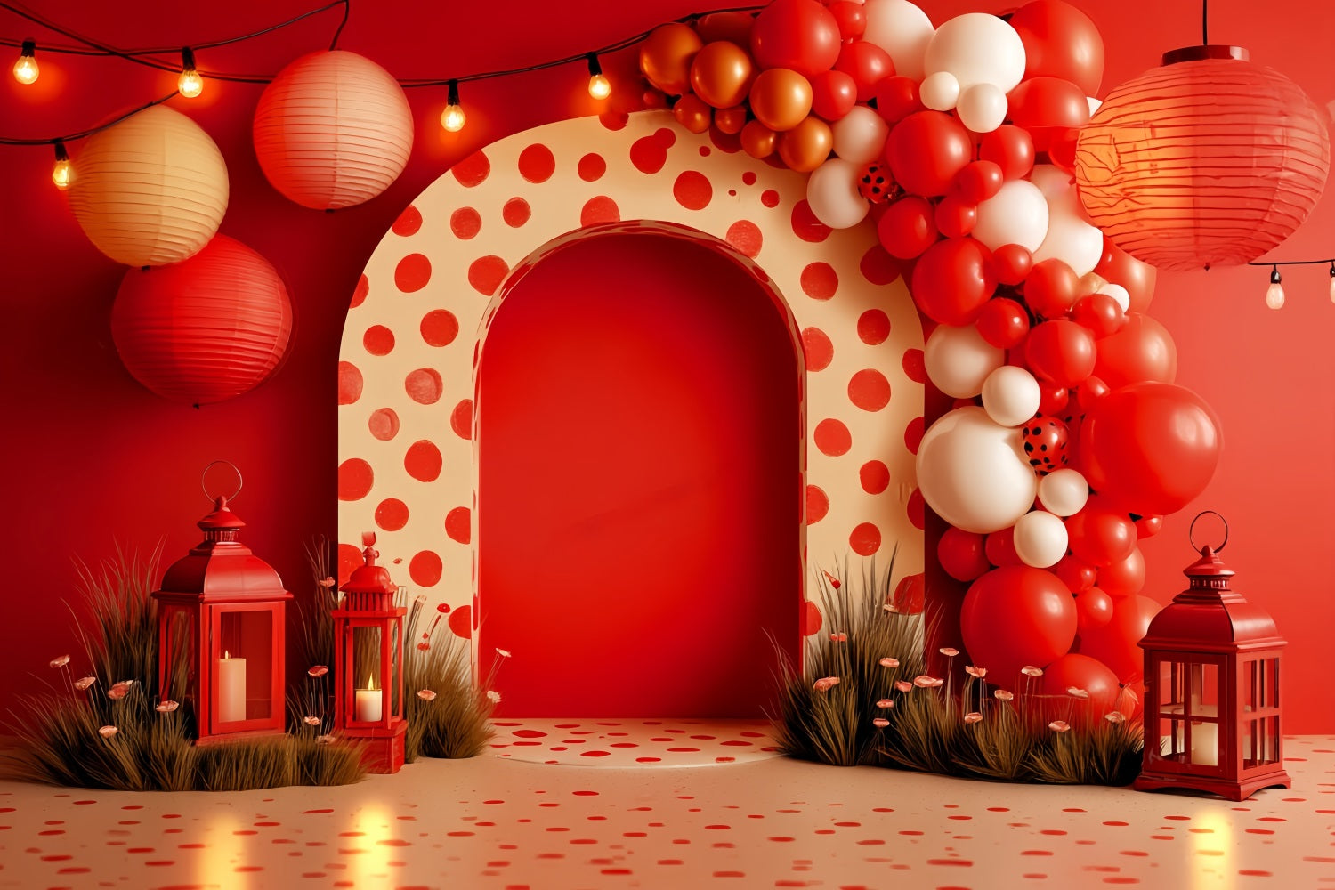 Fond pour cake smash Fond pour photographie de cake smash avec lanternes rouges à pois TWW59-251