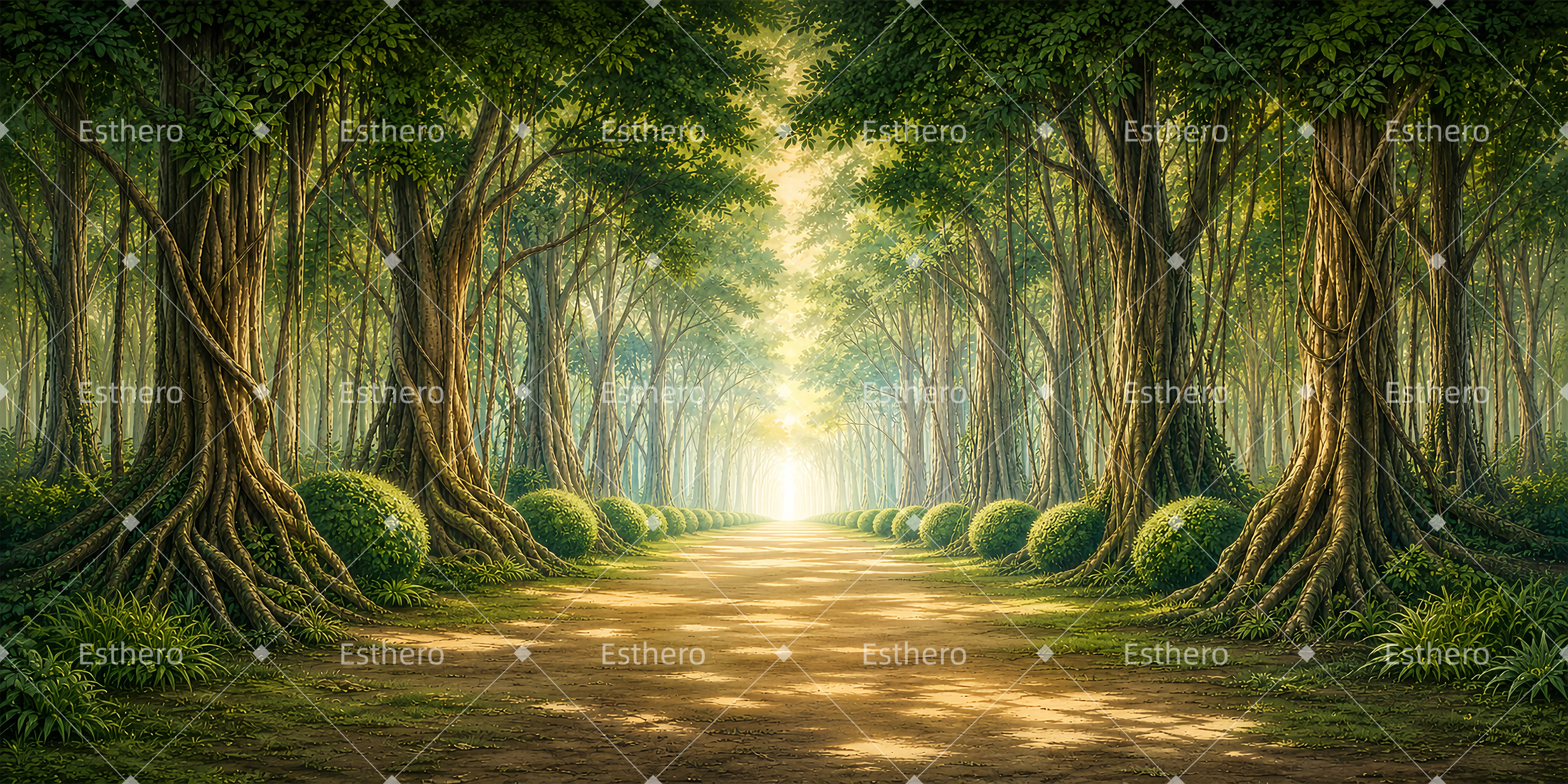 Toile de fond sentier forestier ensoleillé décor de théâtre ZTT65-T35