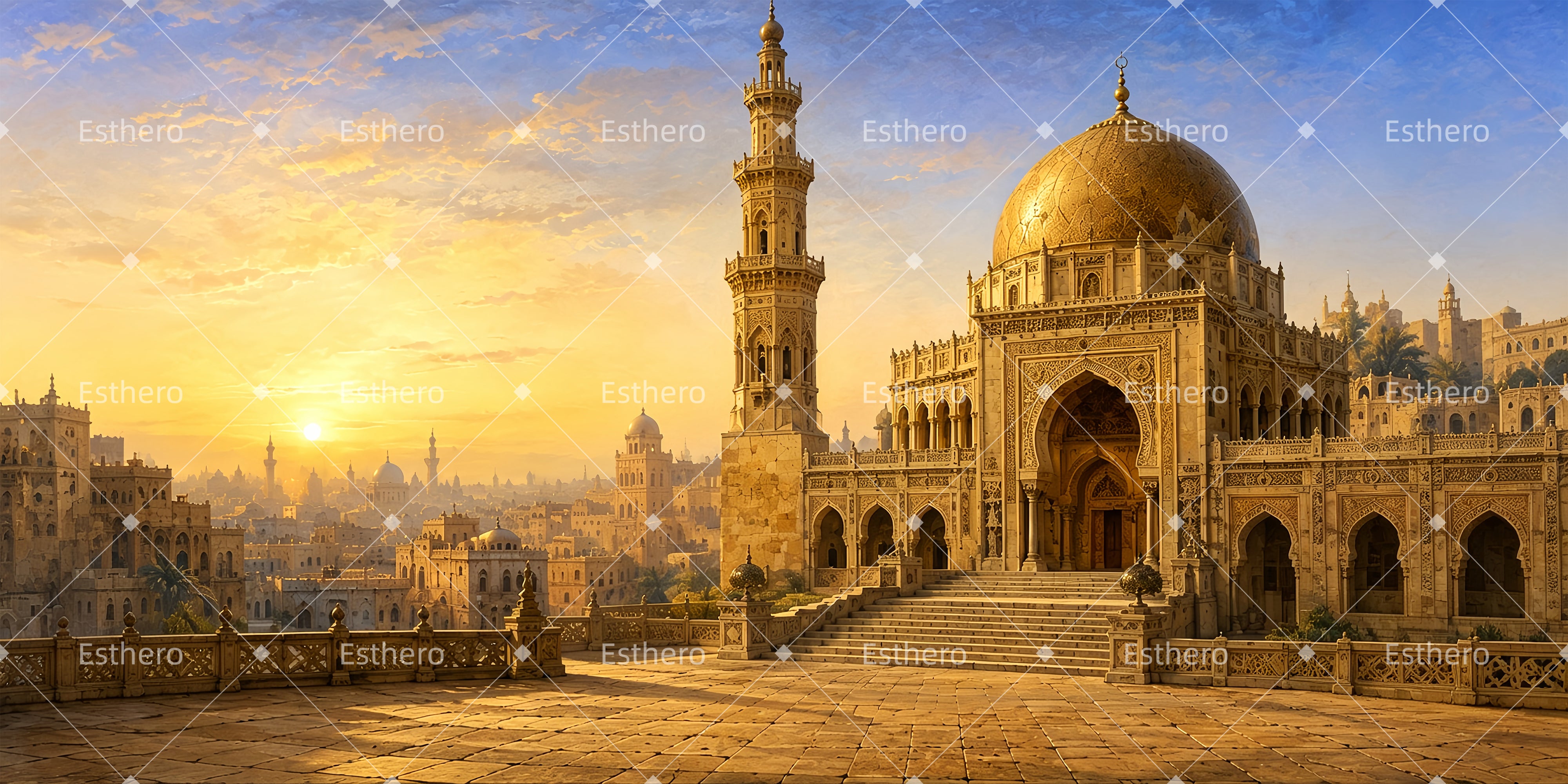 Toile de fond mosquée lumière dorée décor de cinéma ZTT65-T38