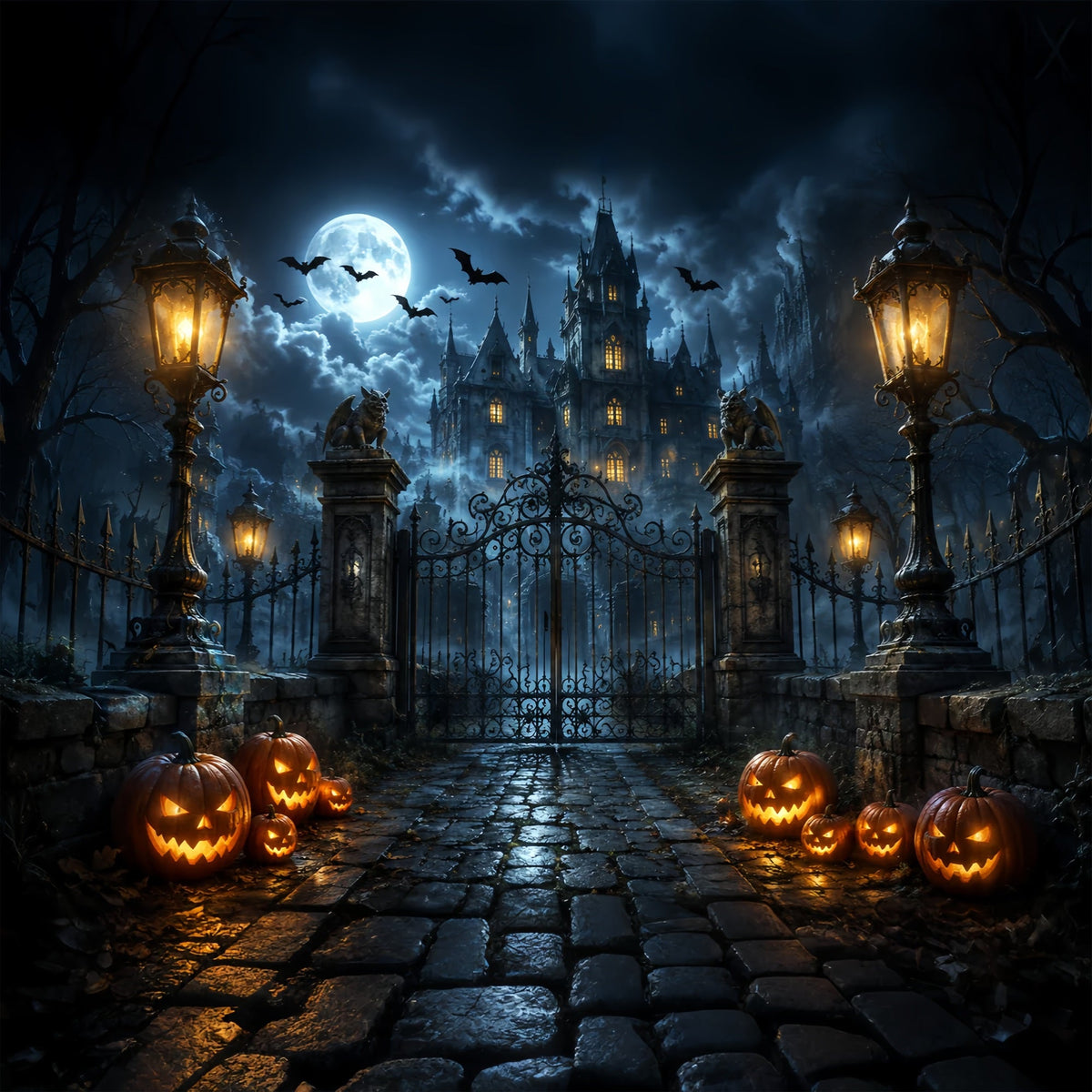 Décor Photographique D'Halloween Château Gothique Porte De Citrouilles Décor Effrayant D'Halloween ZTT67-12