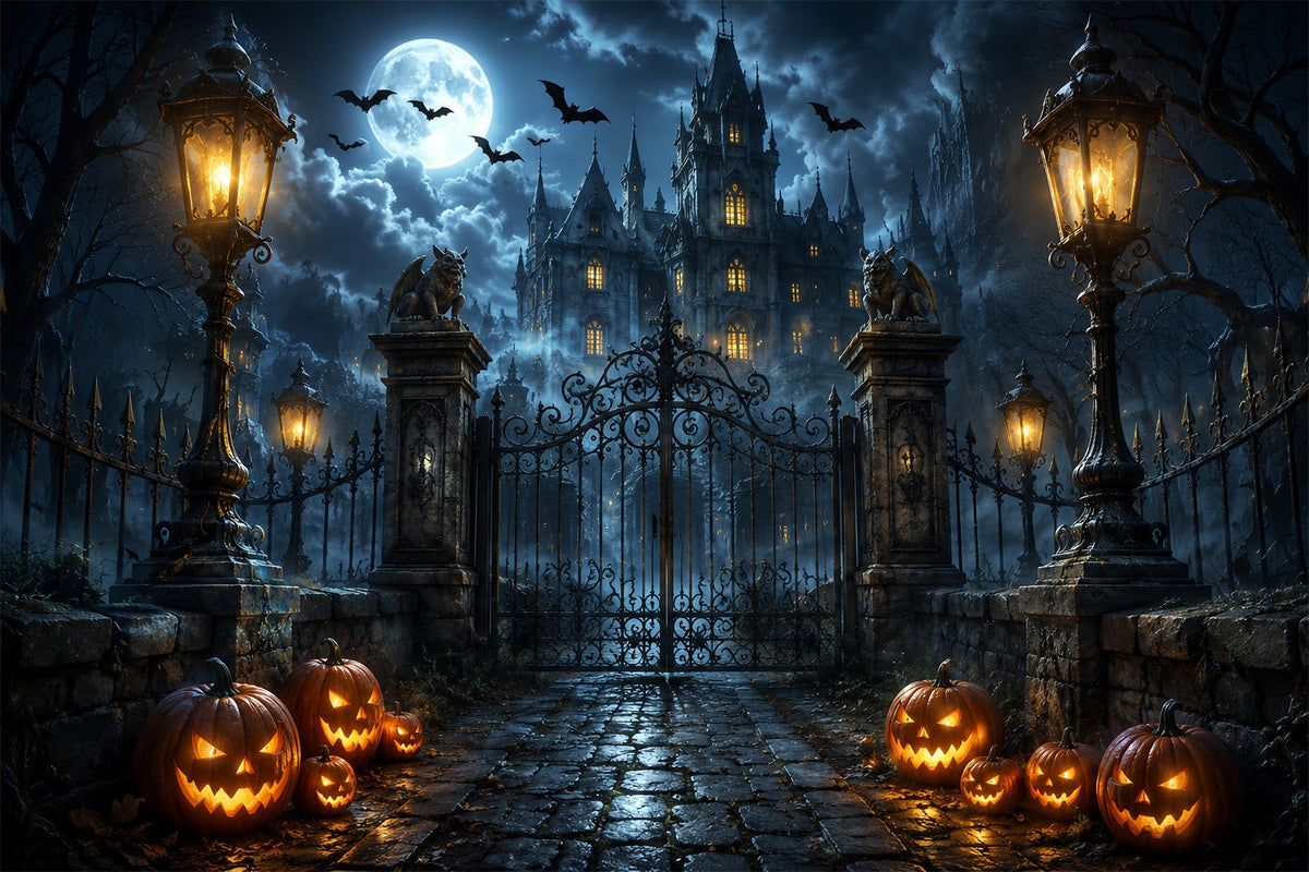Décor Photographique D'Halloween Château Gothique Porte De Citrouilles Décor Effrayant D'Halloween ZTT67-12