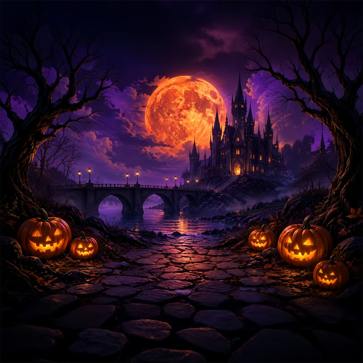 Décors Photo Effrayants Pour Halloween Château Gothique Avec Lune De FeuJoyeux HalloweenZTT67-17